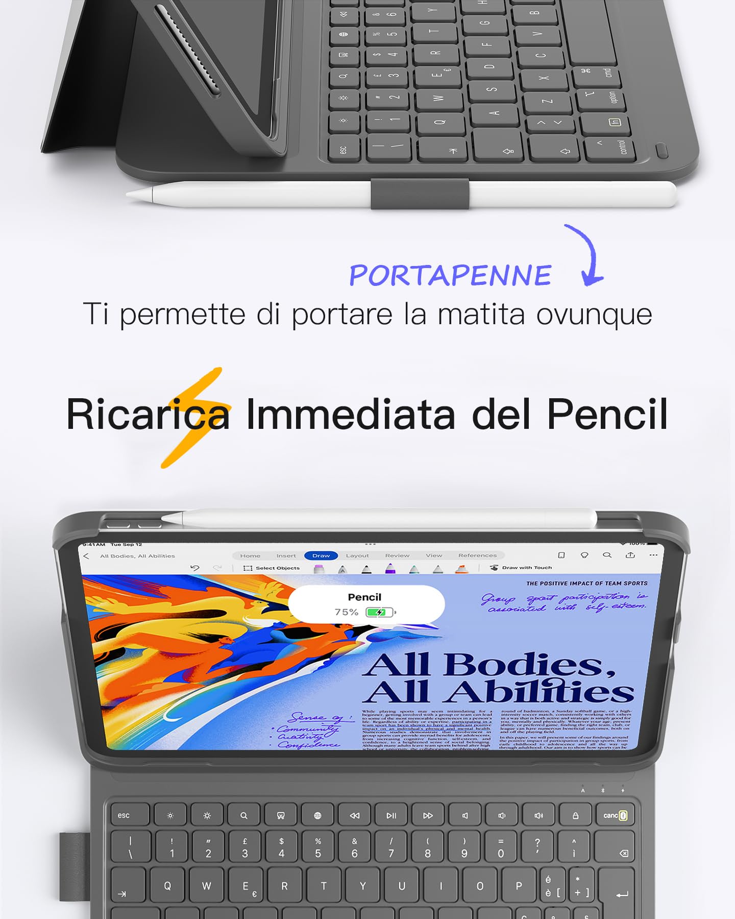 Inateck Air Tap Custodia con tastiera per iPad 10 gen, 11 gen A16 2025, Air 11 M4/M3/M2(2026/2025/2024), Air 5/4, Pro 11 (4/3/2/1), QWERTZ, tastiera ultra leggera con portapenne，BK2007 Grigio