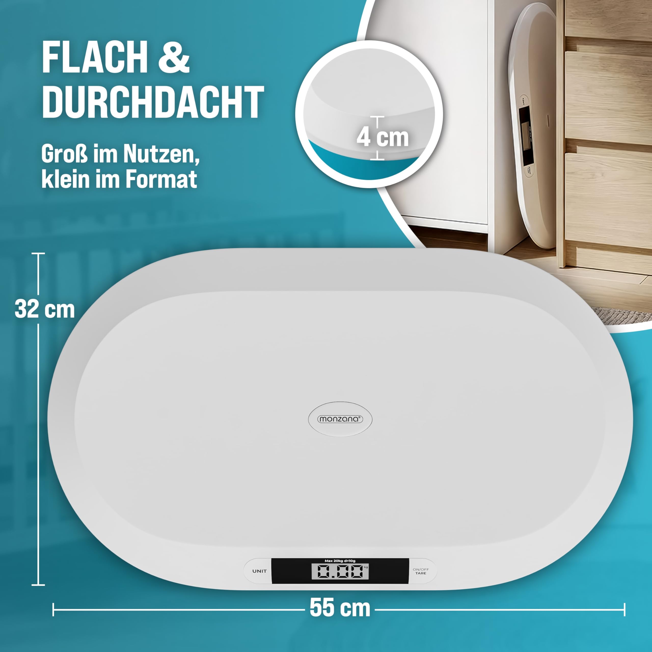 MONZANA® Digitale Babywaage bis 20 kg Säuglingswaage mit Tara-Funktion - Große Liegefläche LCD-Display Stillwaage Holdfunktion Hunde & Katzen Kleintiere