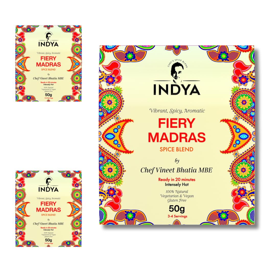Fiery Madras Spice Mix 3 Pack by Chef Vineet Bhatia MBE – Hot & Bold, Gluten Free, No Preservatives, Vegetarian & Vegan Friendly | INDYA Spices (Multipack (3 packs))