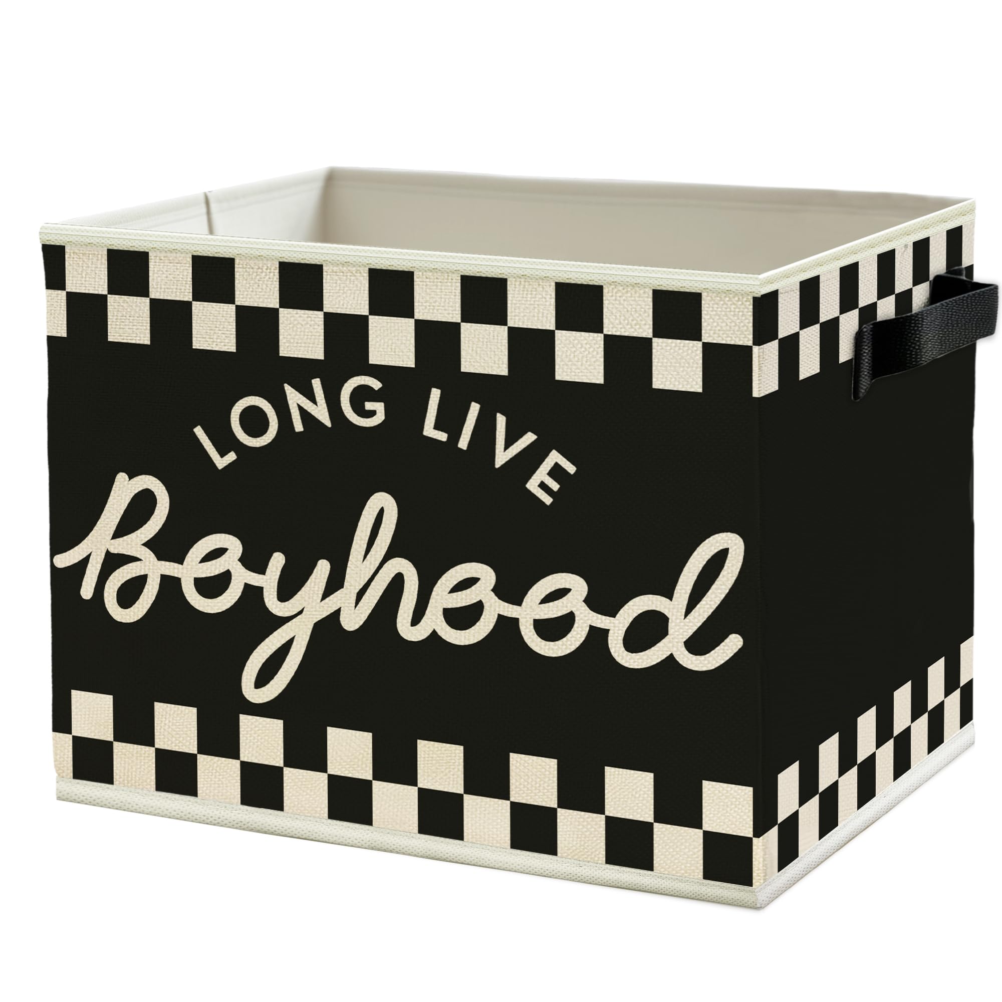 Black and White Checkered Long Live Boyhood Boys Storage Bins Box with Handles, Collapsible Basket Organizer for Kids Boy Nursery Room Bedroom Bathroom Playroom Books Clothes