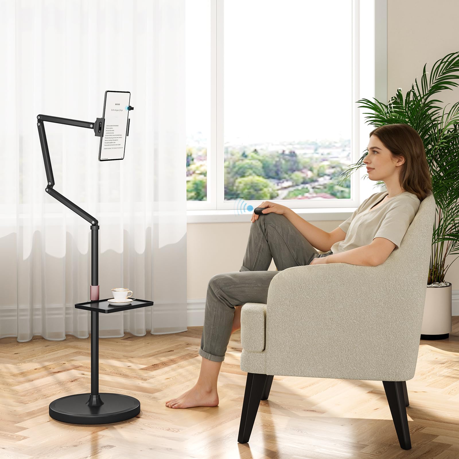 Houele Soporte de suelo para tablet con girador de páginas, soporte de suelo para iPad con bandeja | Soporte para Kindle de altura ajustable para cama, tablet, iPad, para Kindles, iPad y teléfonos de 4.7 a 15.6 pulgadas