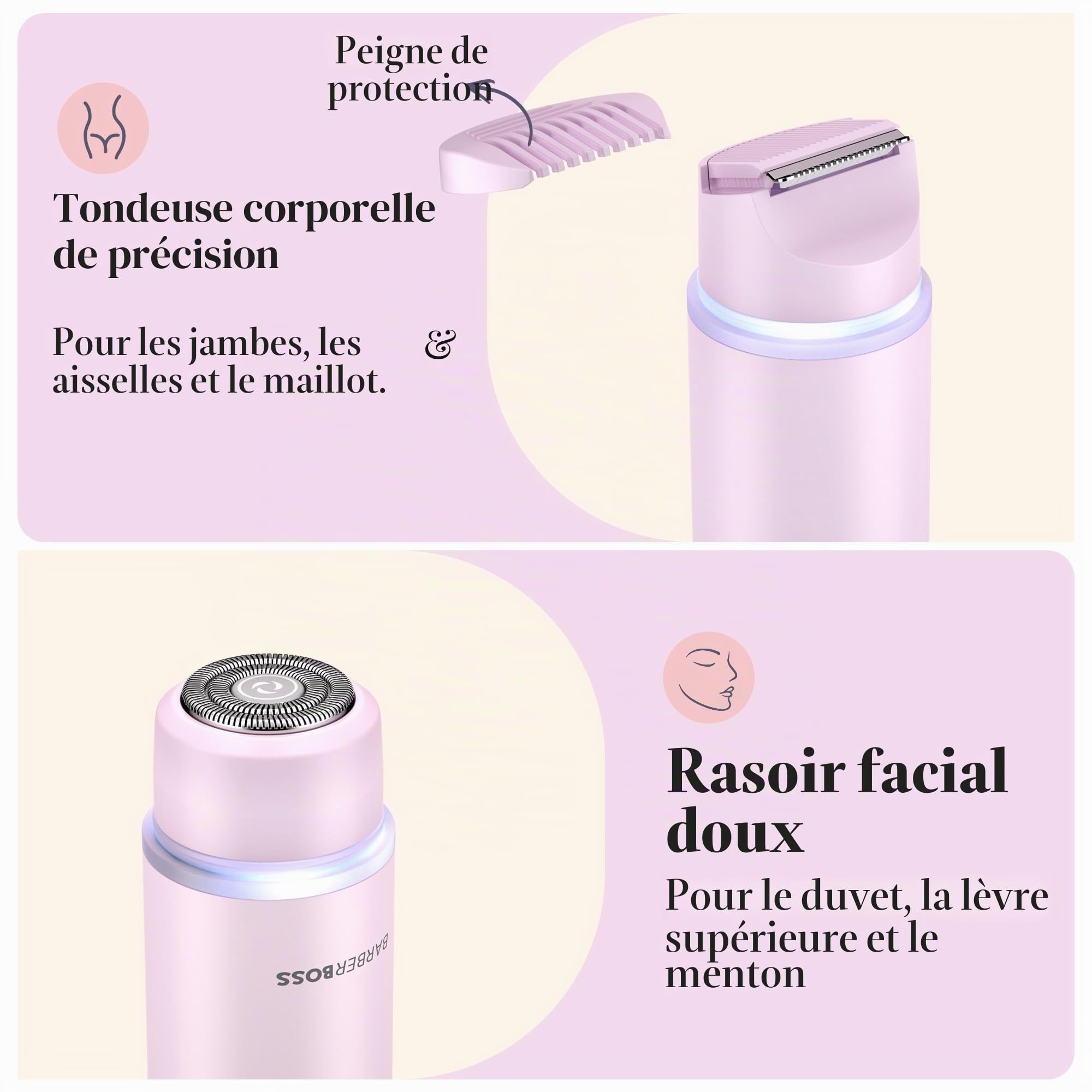 BarberBoss Rasoir 2 en 1 pour femme, kit d'épilation bikini et du visage, tondeuse double tête pour le visage et le corps avec lumière de précision (Rose)