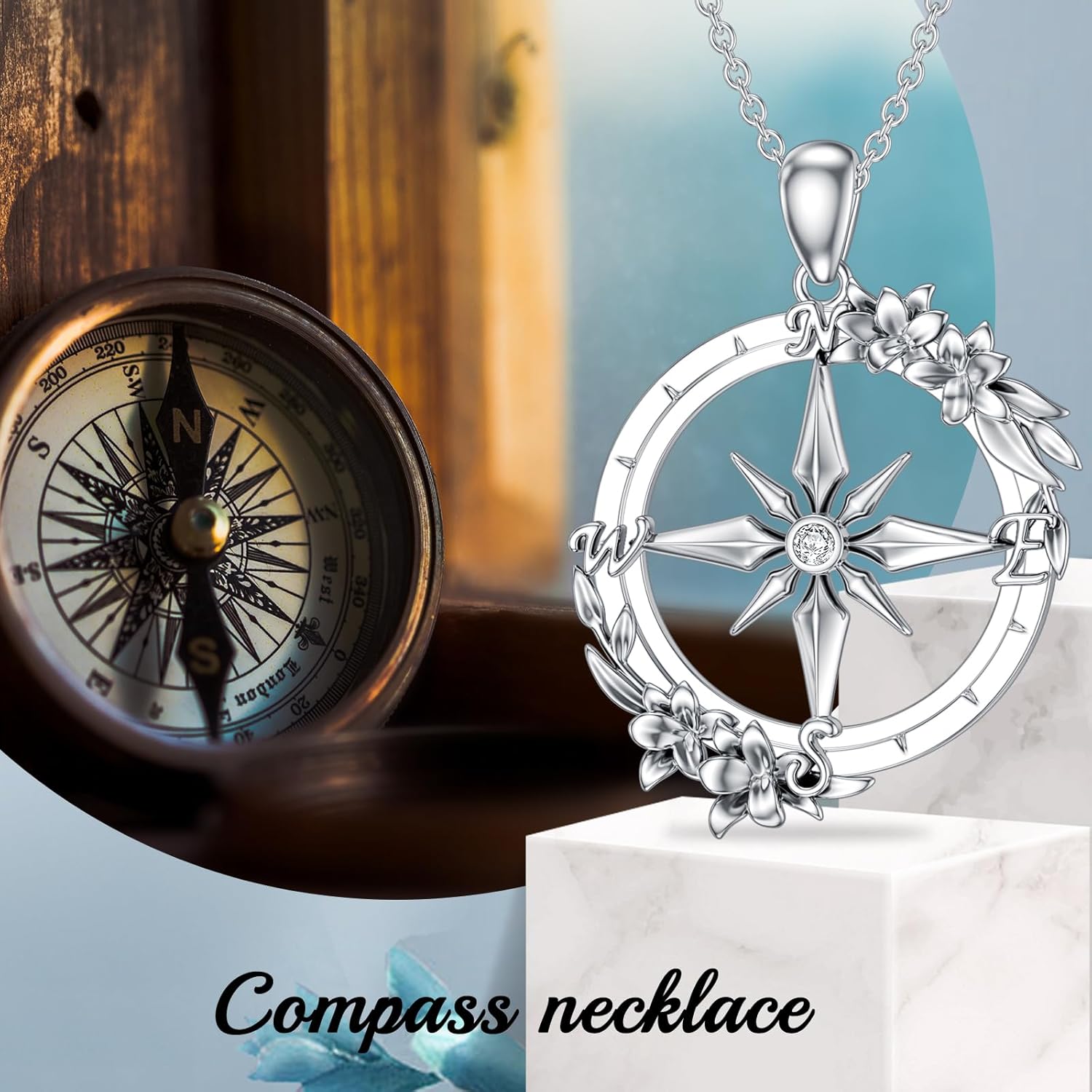 Diamond Compass Necklace for Women Sterling Silver Flower Compass Pendant Necklace - Image 5