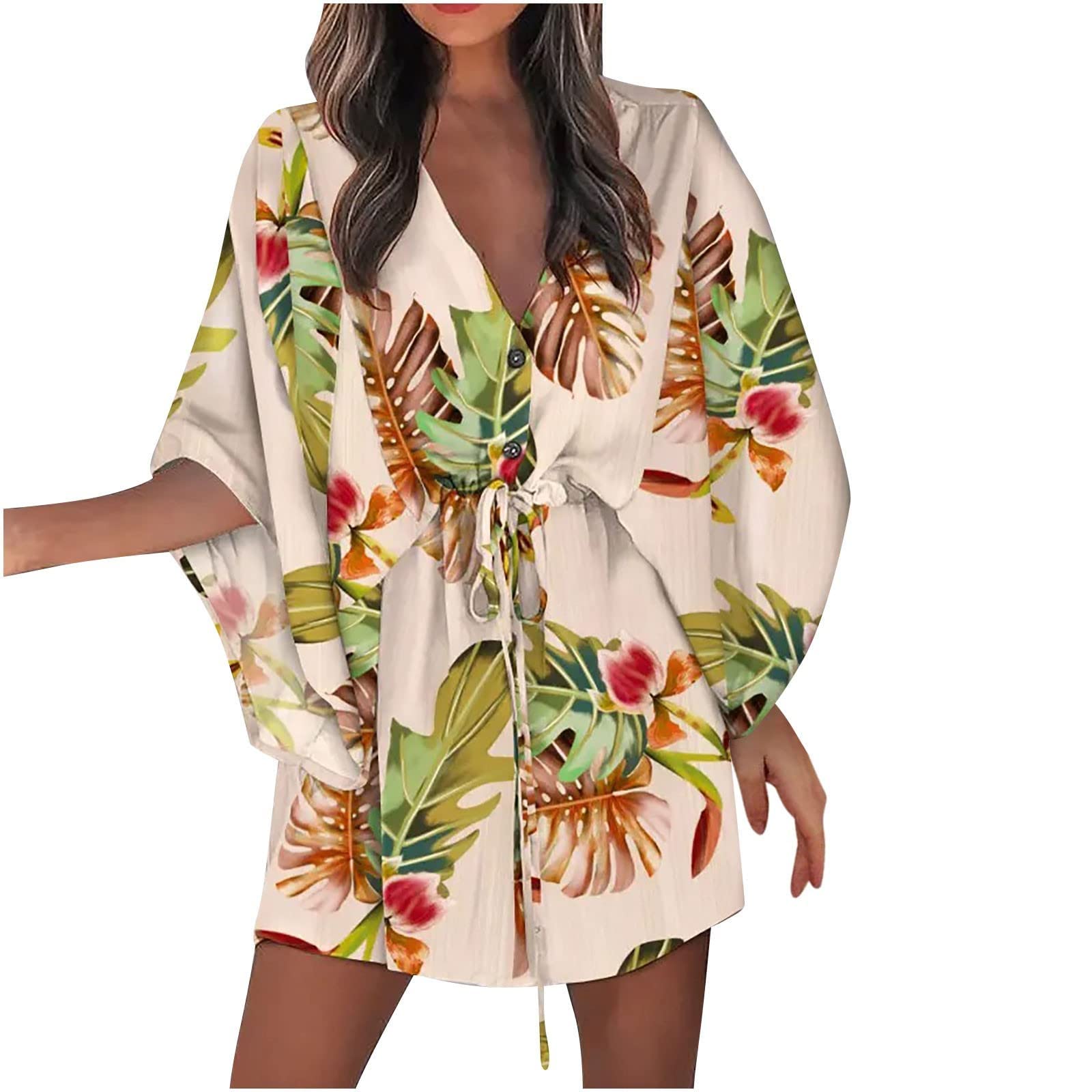 FIREROHoliday Dresses for Women 2022, Trendy Loose Batwing Sleeve Short Dress Elastic Waist Low Cut Print Mini Dress