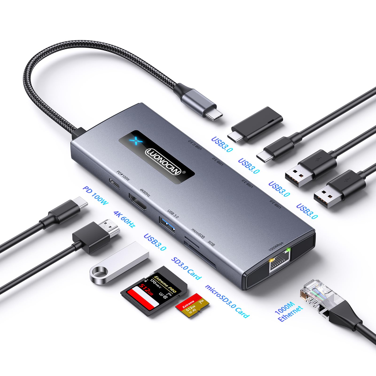 USB-C ハブ 10in1 LUONOACN HDMI 4K60Hz USB A&C 5Gbpsデータ転送ポート増設 PD充電対応 1Gbpsイーサネットポート Micro SD/SDカードリーダー付き タイプc hub (グレー)