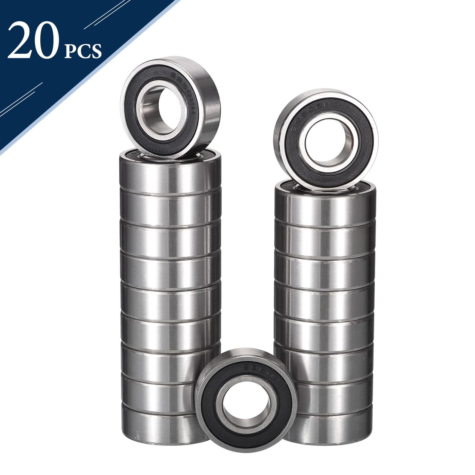 HiPicco 99502H-2RS Lot de 20 roulements à billes à rainure profonde, ID 5/8" x OD 1-3/8" x largeur 7/16", roulement à billes blindé en métal à double levier Z2 en acier chromé