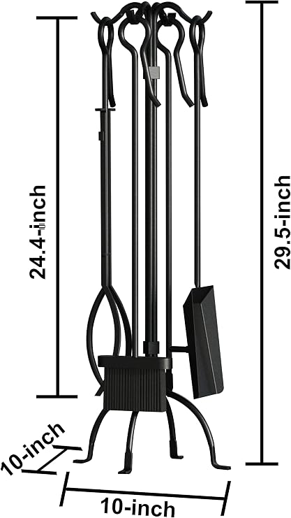 Fire Beauty 5-Piece Fireplace Tools Set, Heavy Duty Wrought Iron Fire Place Toolset, Black