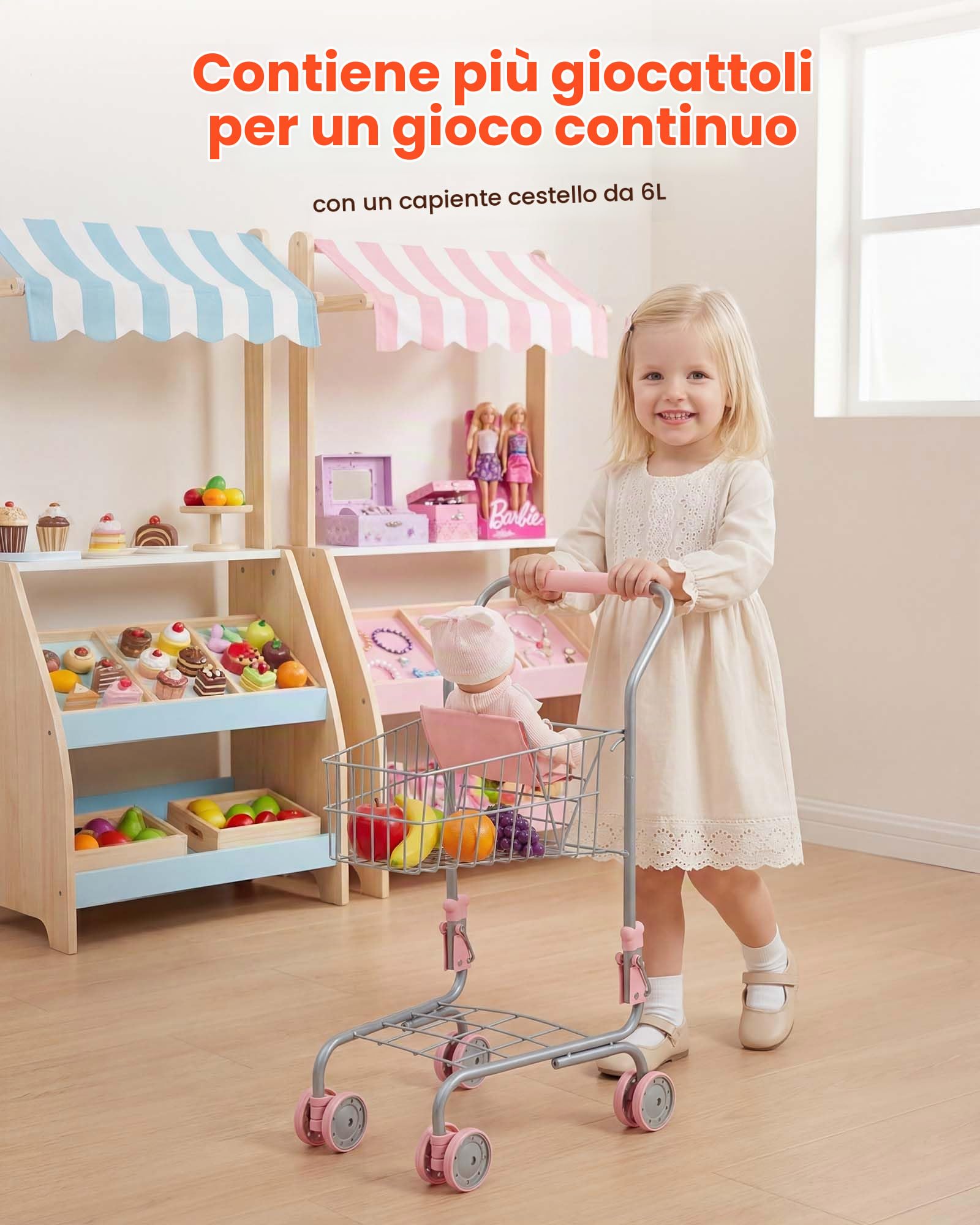 VEVOR Carrello della Spesa Giocattolo per Bambini dai 3 Anni, Carrello Supermercato Giocattolo, Telaio Robusto in Metallo, Sedile per Bambole, Ruote Scorrevoli, Cestino a Rete, Gioco di Ruolo Negozio