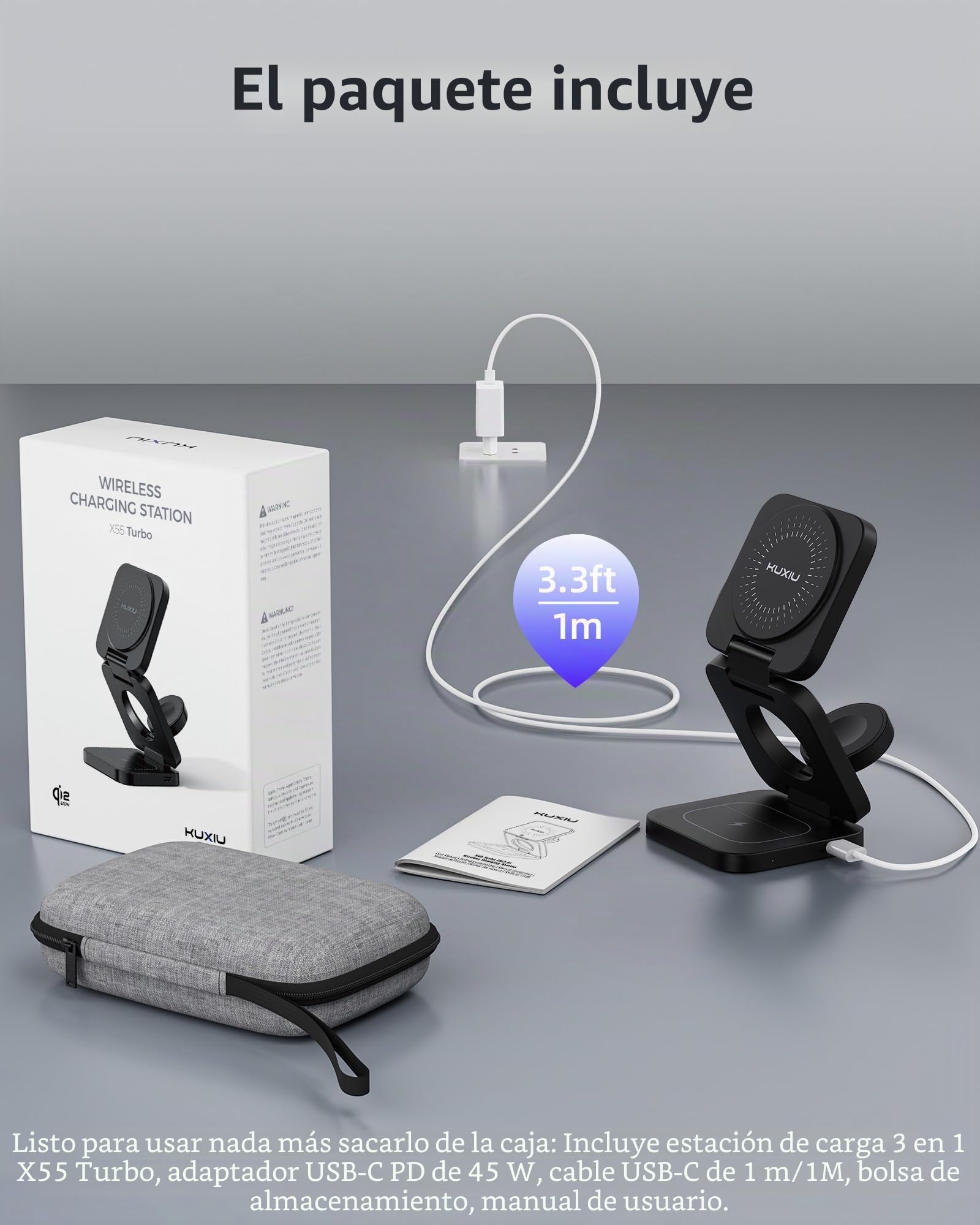 KU XIU X55 Turbo Qi2.2 25W Cargador Inalámbrico para Magsafe, Plegable Estacion de Carga 3 en 1, Magnetico Wireless Charger Base para iPhone 17-12 & Watch & AirPods, Adaptador Incluido, Negro