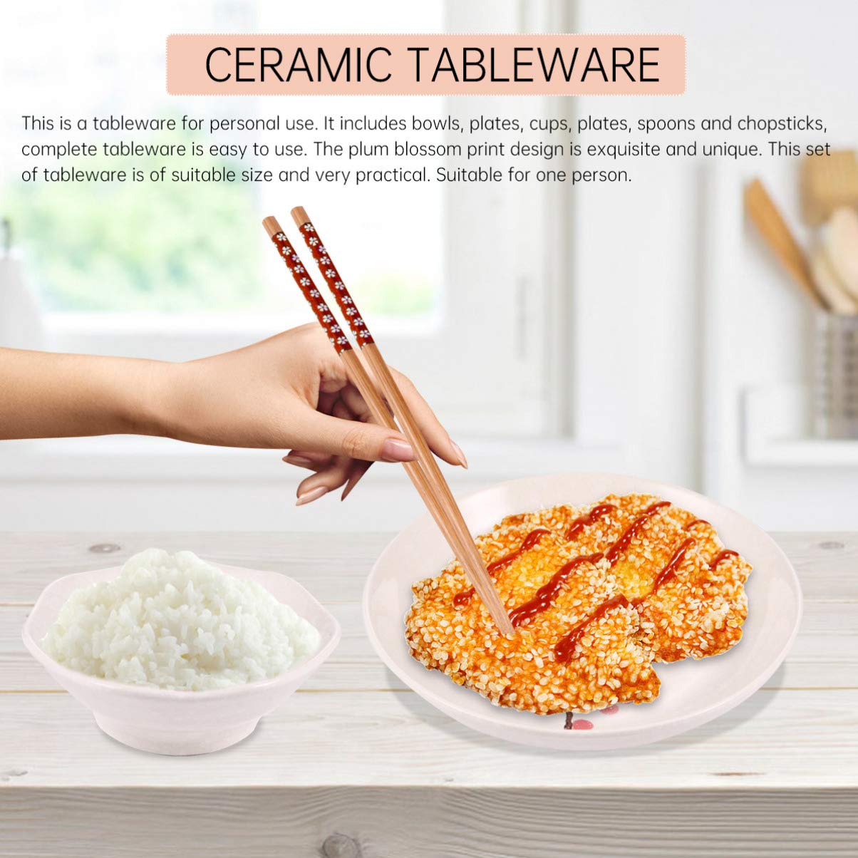 Générique Service de Table Japonais 6 pièces en céramique, Assiette, Bol, Tasse, cuillère, Baguettes, Bols à céréales et Nouilles