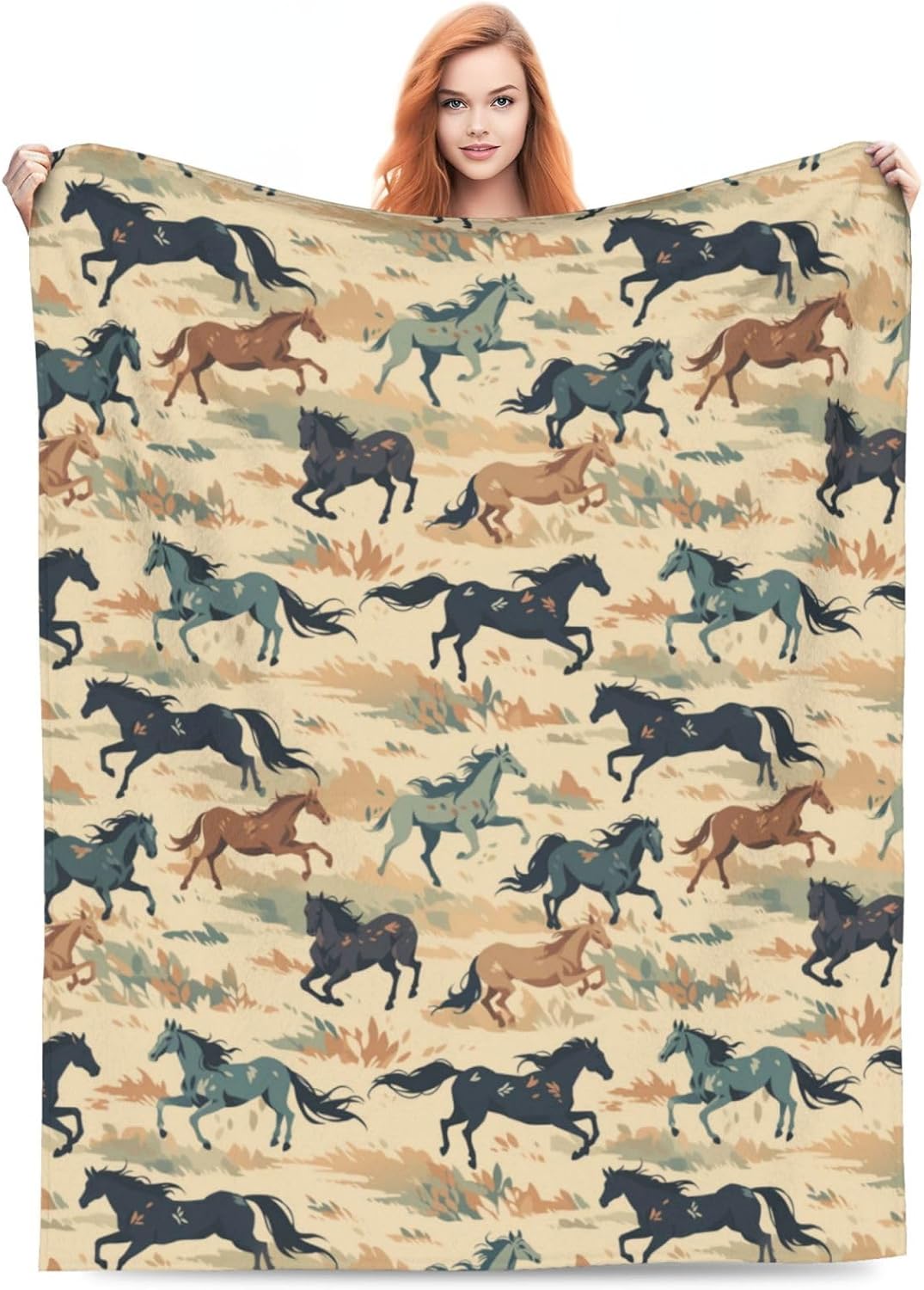 Horse Blanket Animal Grass Pattern Print Flannel Throw Blankets for Home Couch Bed Sofa Soft Fuzzy Lightweight Decor Gifts for All Season 60x50 Inches