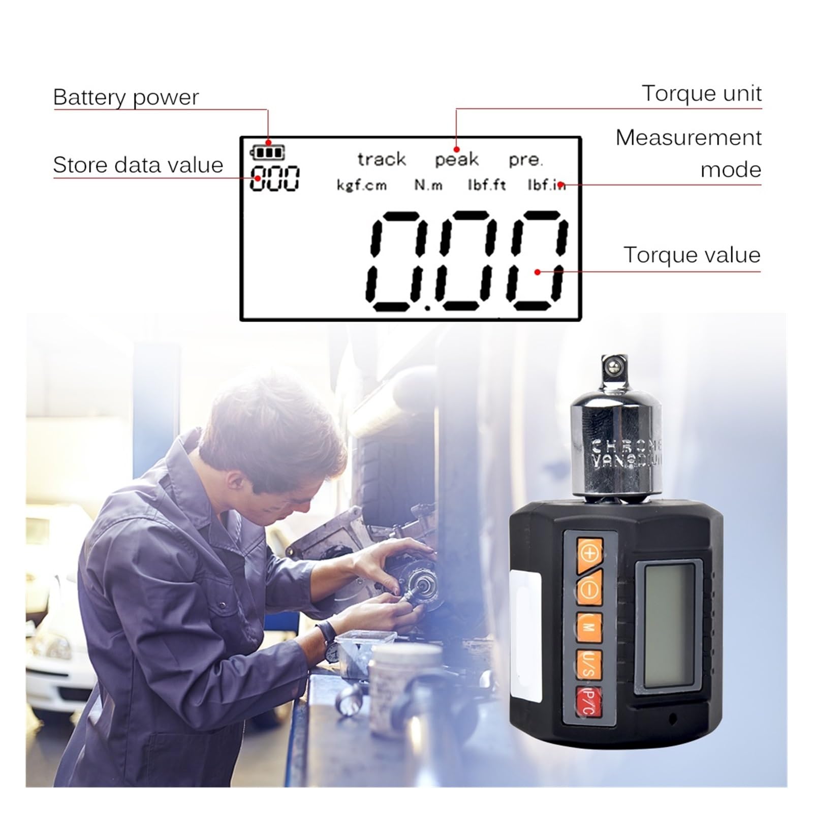 Llave dinamométrica digital, Adaptador de par digital Medidor electrónico con pantalla LCD Medir en Nm/Kg-Cm/Ft-Lb Rango llave dinamométrica 20-200Nm(ENC-135)