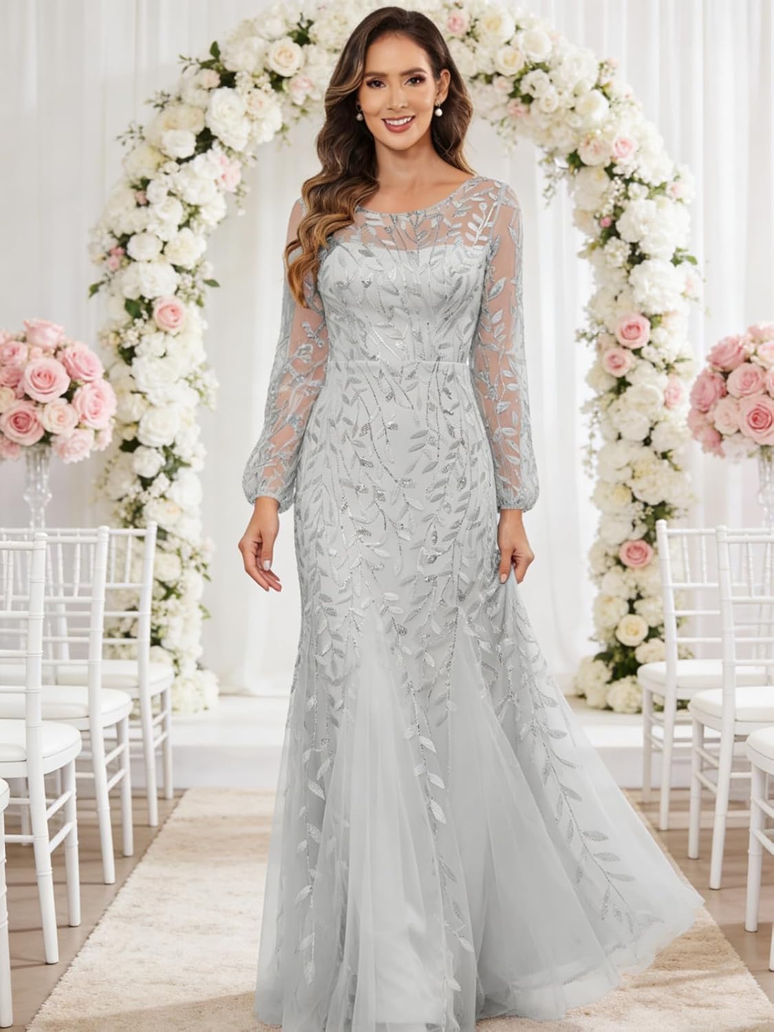 Mermaid Mother of The Bride Dresses Sequin Long Sleeves Tulle Formal Evening Dress for Women - Image 4