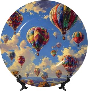 colorful hot air balloons print Decorative Bone China Plate with Display Stand, Available in Sizes 6 to 10 Inches, Premium Ceramic Ornament for Home, Office, Kitchen Table, Wall Decor, 8in