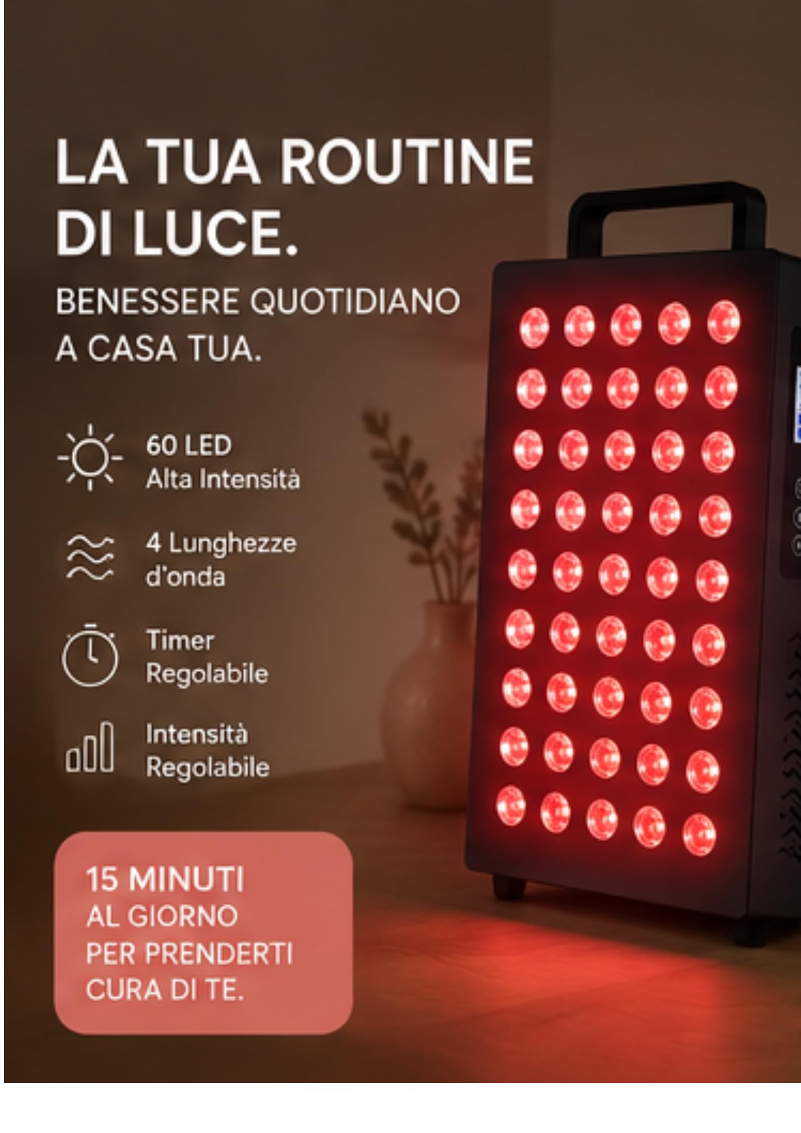 Lampada per terapia a luce rossa, 60 LED con tecnologia a 4 chip, 4 lunghezze d'onda (630 nm, 660 nm, 850 nm, 940 nm), intensità regolabile e timer, lampada a infrarossi per recupero muscolare