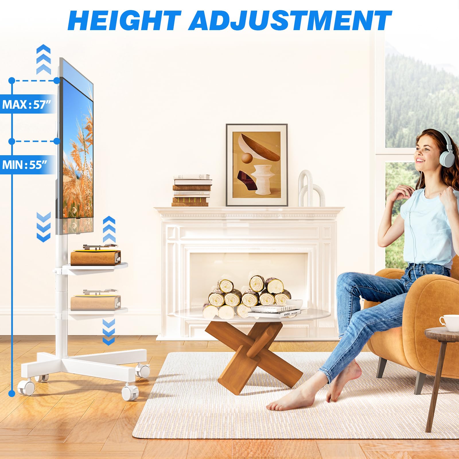 RFIVER Supporto TV da Pavimento Porta TV con Ruote Carrello per Schermi Plasma/LCD/LED 27-60 Pollici, Mobile TV con Ruote Max.40 kg, Max VESA 400 x 400 mm con Altezza Regolabile Bianco