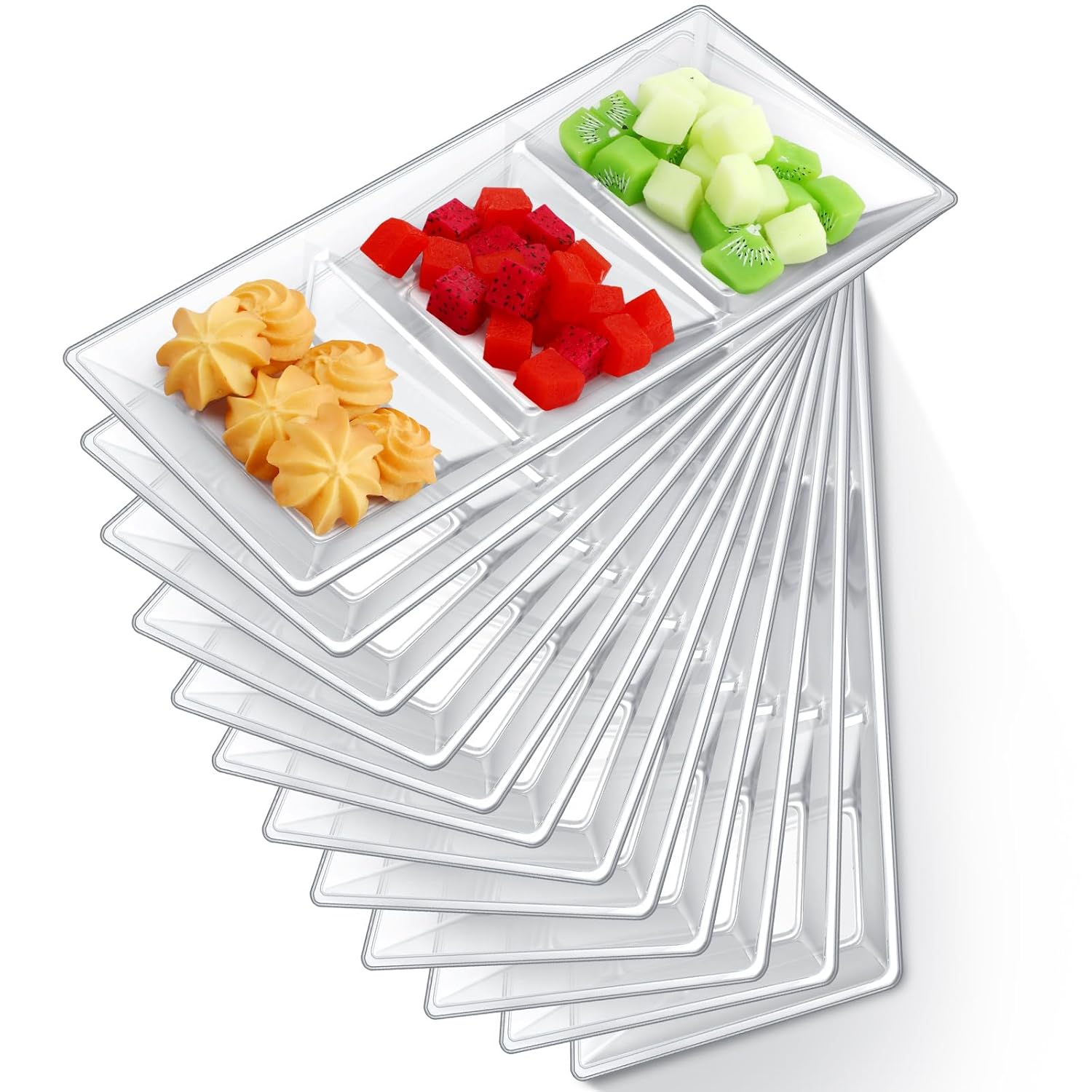 20 Pcs 3 Section Serving Tray Bulk Serving Dish Compartment Appetizer Tray Plastic Dessert Platter Rectangular Divided Bowls Disposable Plate for Halloween Party Kitchen, 15 x 7in(Clear,20 Pcs) Clear 20