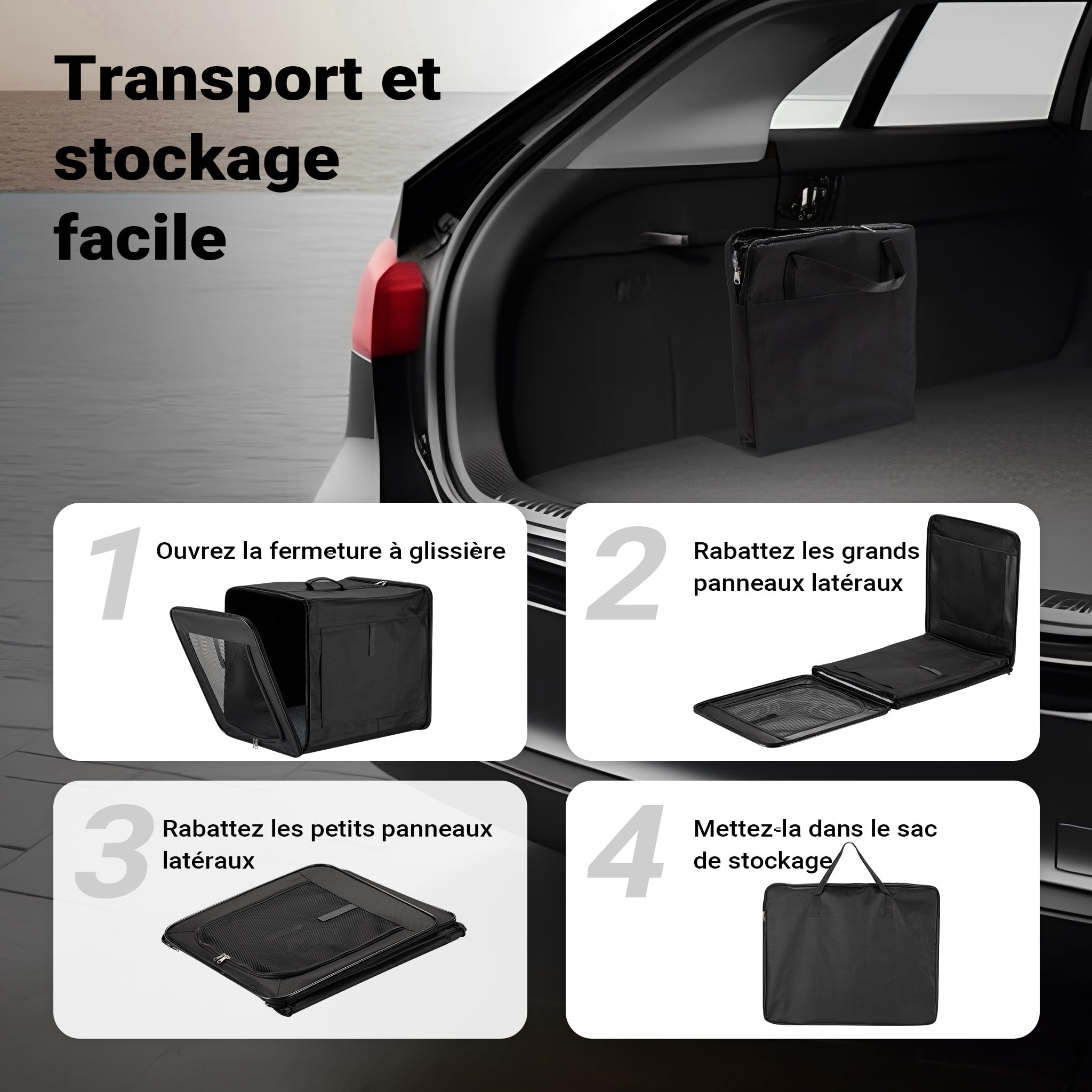 Wiltec Caisse de Transport Noire Pliable pour Chiens Chats Animaux domestiques - Taille XL / 94 x 66 x 74 cm/Charge Max. 20 kg - avec Coussin - boîte Voyages Canine féline