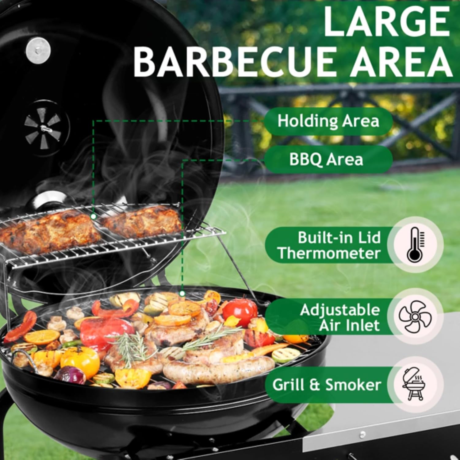 Portable Charcoal Grill with Cart, Outdoor Portable Charcoal Grill with Porcelain Enamel Cover and Slide-out Ash Collector Thermometer for Outdoor Grilling Camping, Picnic, Backyard
