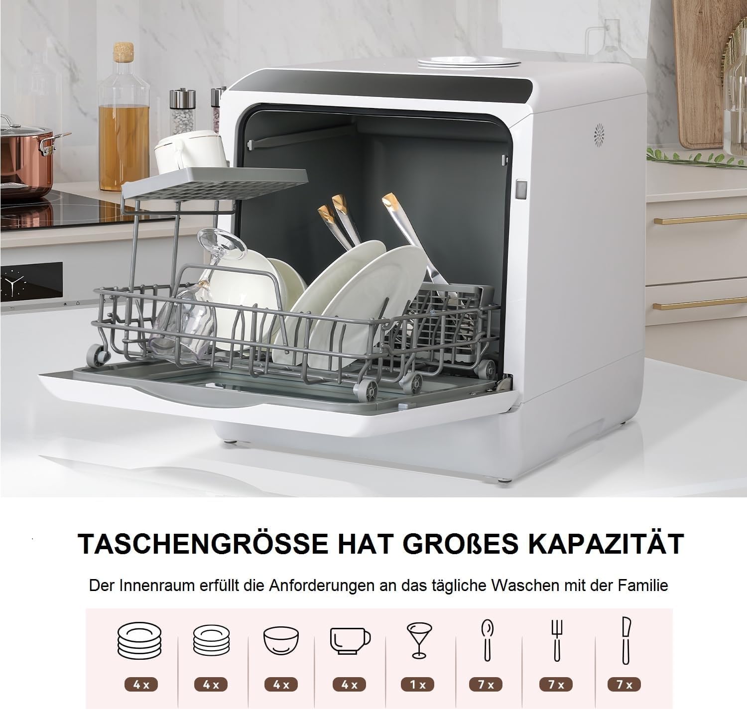 YU YUSING Mini Geschirrspüler Tischgeschirrspüler 5+1 Programme 3 Gedecke 5L Wassertank Touch Control LED-Display