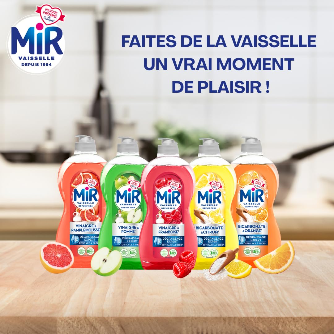 Mir Vaisselle - Liquide Vaisselle Mains - Dégraissage Expert - Pamplemousse et Vinaigre - Dégraissant - Efficace à froid - Sans Conservateurs ni Allergènes Parfum - 450ml - Lot de 16