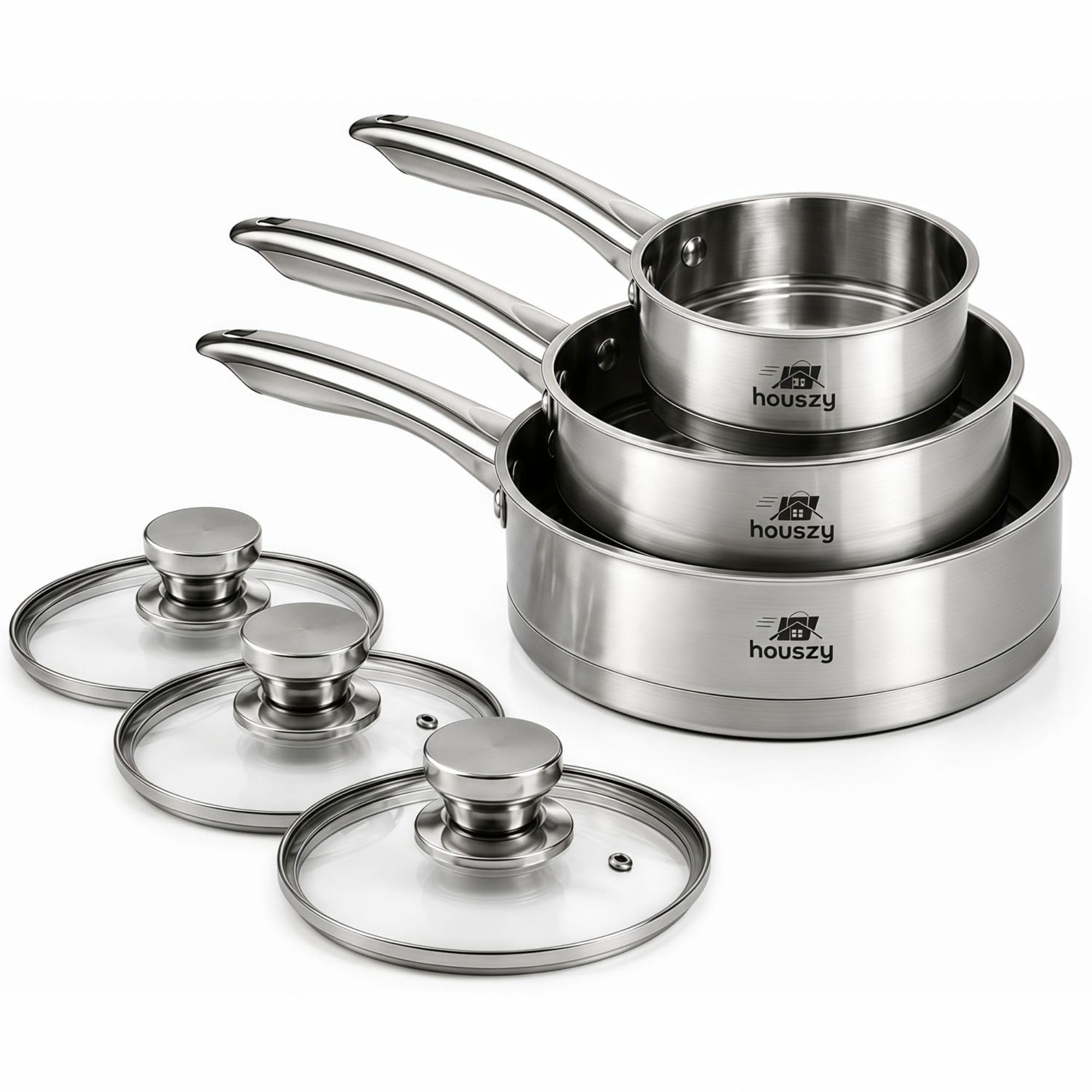 HOUSZY Non-Stick Set of 3 Stainless Steel Saucepan Set, 16cm 18cm 20cm, with Tempered Glass Lids & Steam Vents, Induction Hob & All Hobs Compatible, Dishwasher Safe, Even-Heat Multi-Layer Base