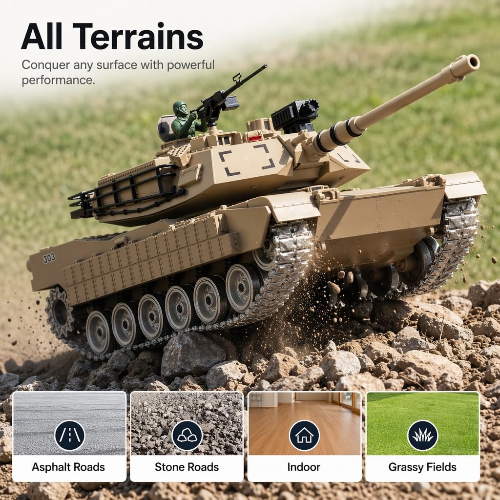 Carro Armato Telecomandato M1A2 1:18 – Cingoli Fumo Suono Luci Tiro Acqua 2.4GHz | Tank RC Giocattolo Militare Regalo Bambino 8 Anni | Kit Completo