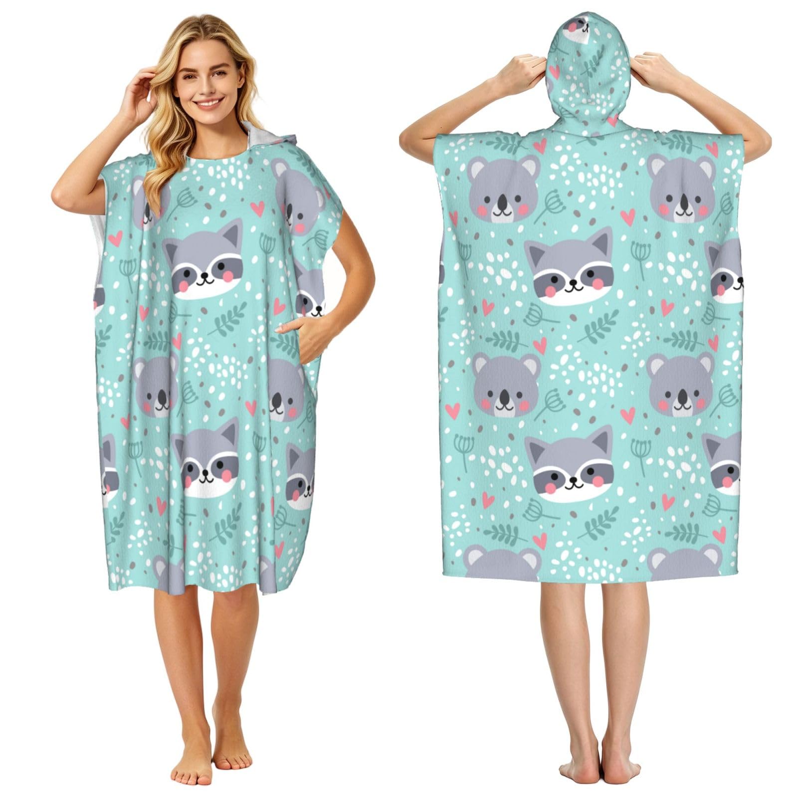 Poadnly Raccoon And Koala, Adult Hooded Beach Towel 90 x 110 cm,Changing Bath Robe, Surf Poncho Towel For Women Men