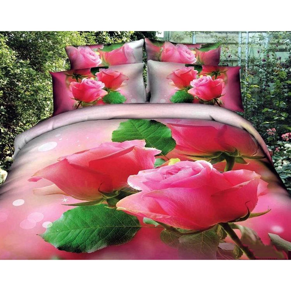 Pink Rose and Green Leaf 100% Cotton Luxury 3d Bedding Set. (Queen Size.)