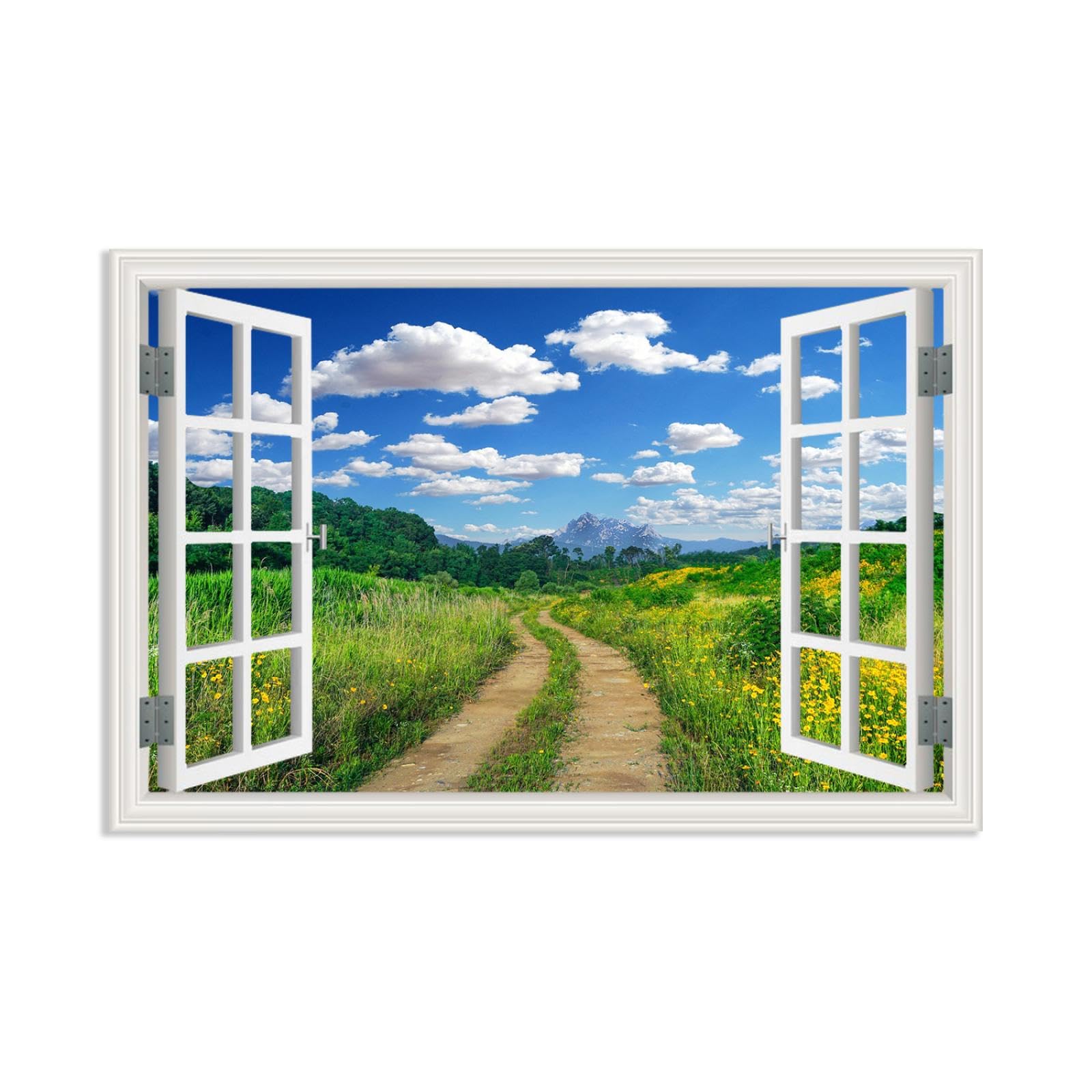 Hau3sh3a Canvas Print Wall Art Window View,Blue sky and white clouds scenic road,Nature Wilderness Photography Realism Large Green Scenery Paintings for Living Room Bedroom90x60cm(35x24in) Frameless