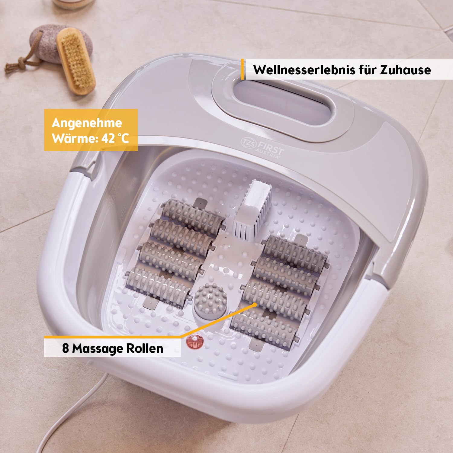 TZS First Austria - Fußsprudelbad 500W - Fußmassagegerät mit 3 Aufsätzen & 8 Massagerollen - Vibrations- & Luftblasenmassage, Infrarot- & Heizfunktion - Klappbar bis Größe 47 - Grau