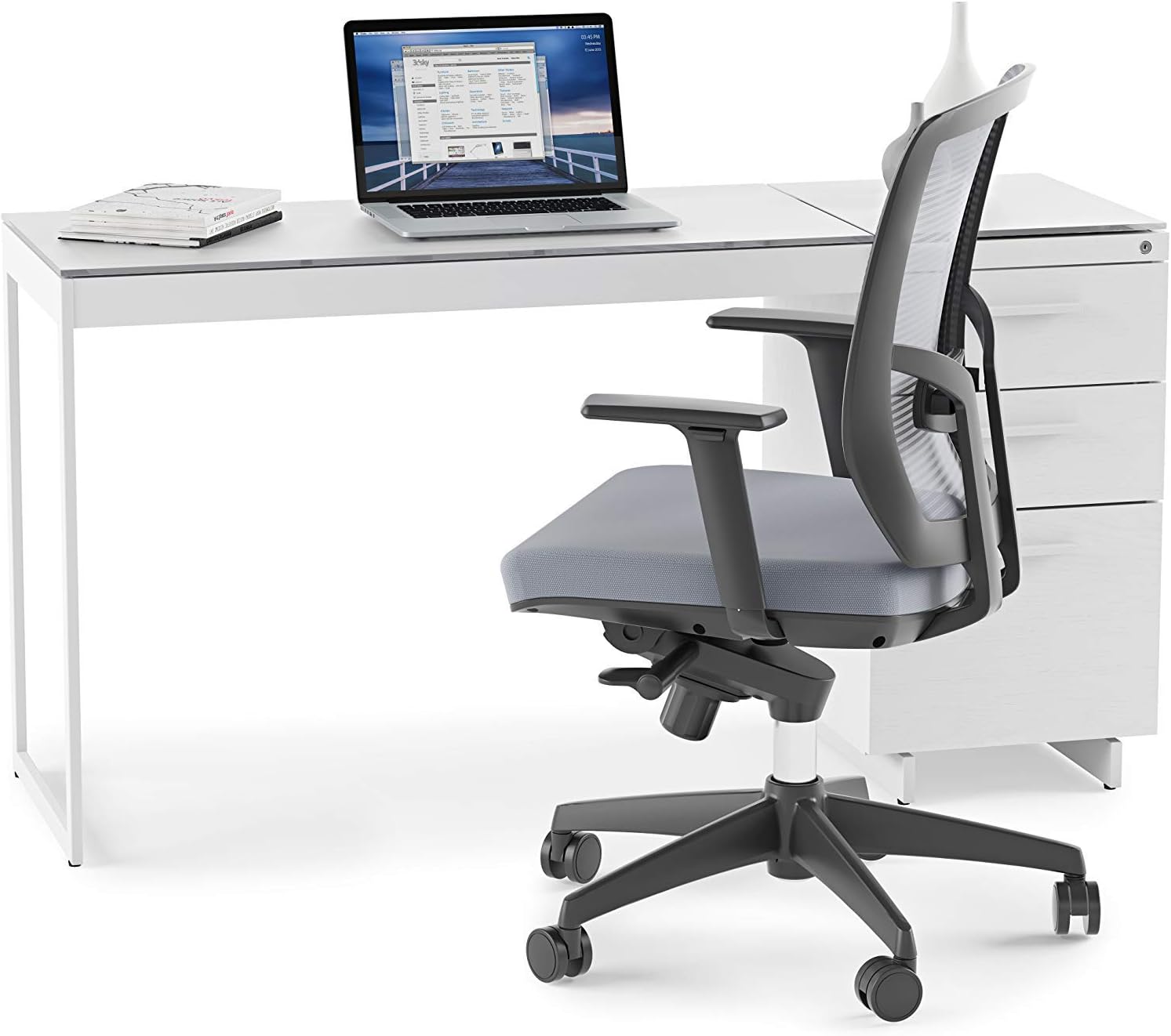 BDI Furniture Centro 6402 Office Desk Return, 40" x 18" for use on Left Side or Right Side of Centro 6401 Office Desk, Satin White/Grey Etched Glass