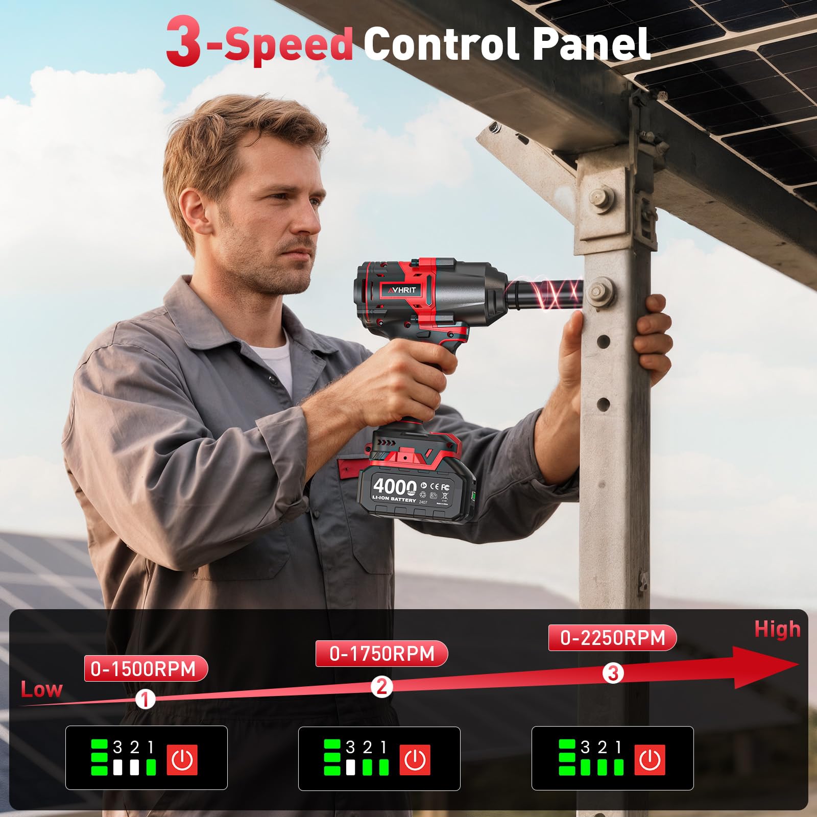 Llave de Impacto Inalámbrica 1600N.m con 2x 4000mAh Baterías, 1/2 Pistola de Impacto Batería, Eléctrica Llave de Impacto para Coches Camiones, con 5 Enchufes