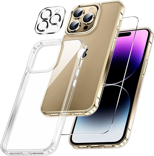 soundfine Funda transparente diseñada para iPhone 14 Pro [1 paquete de protector de pantalla templado] [no amarillento] [protección militar contra