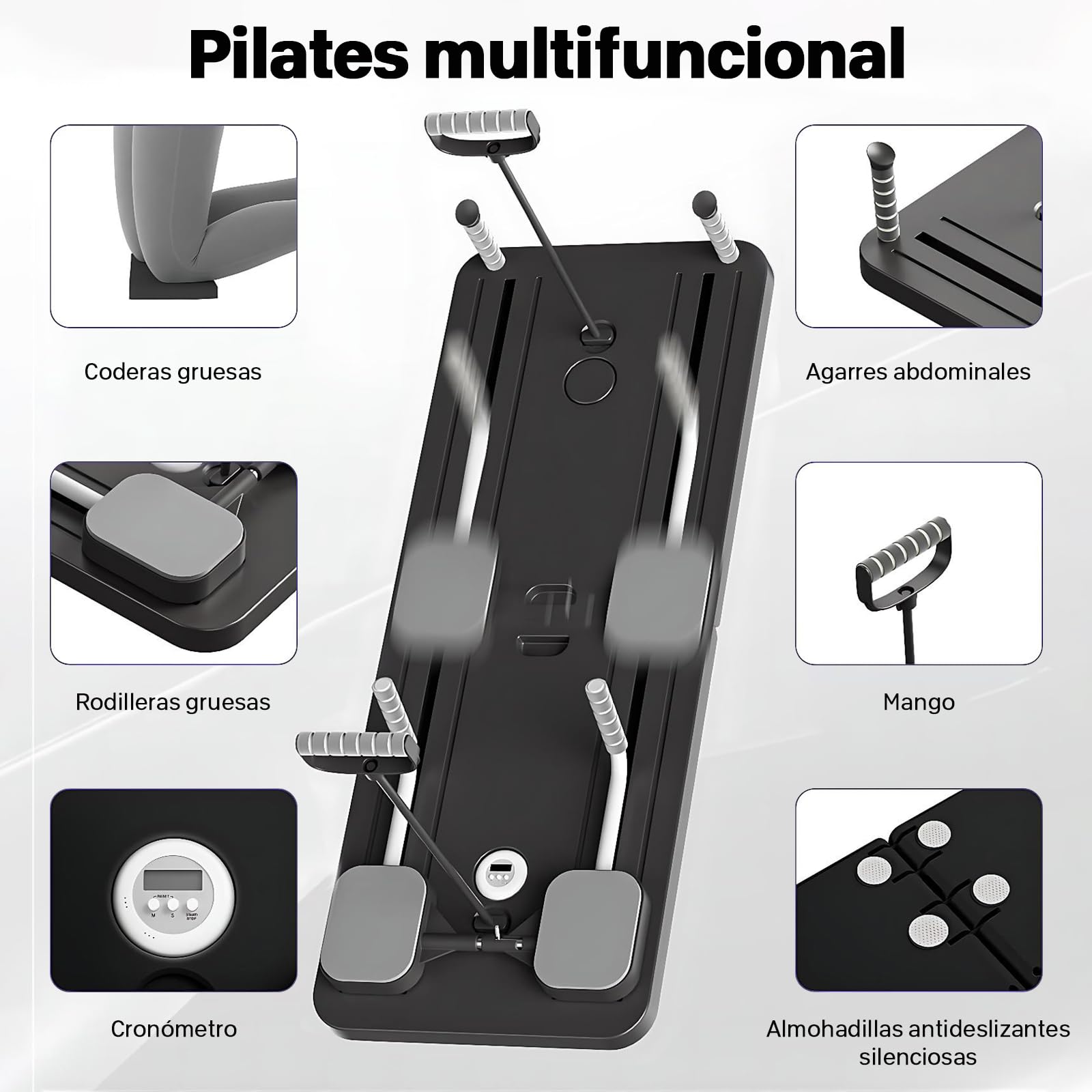 Pilates Board, riformatore pilates 5 in 1 con ruota addominale automatica e timer, multifunzione, pieghevole, per la casa e la palestra (nero)