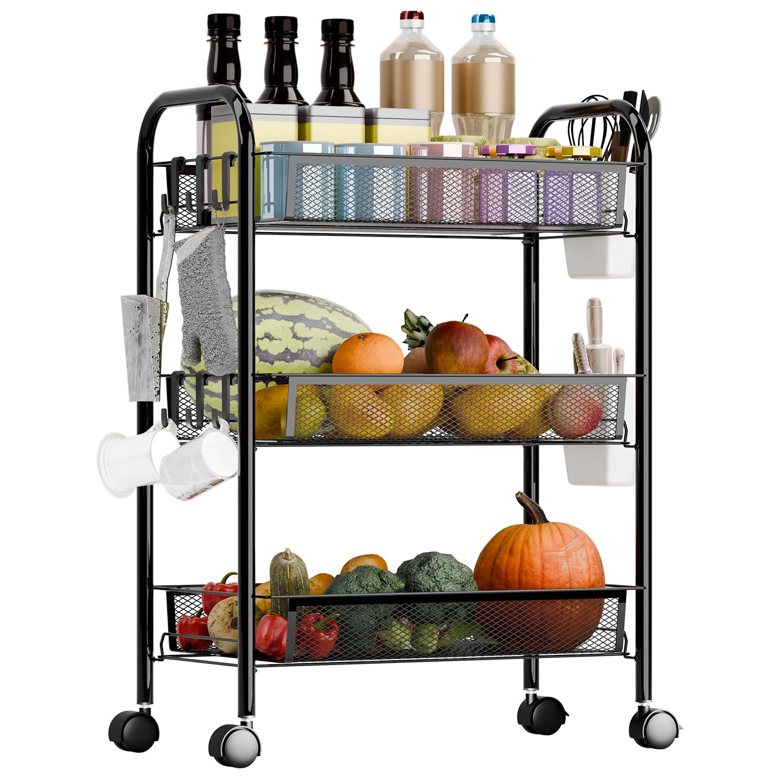 Carrello impilabile a 5 ripiani in rete metallica con ruote a 360°, cestino per frutta e verdura alto 104 cm, per cucina, dispensa e bagno, nero