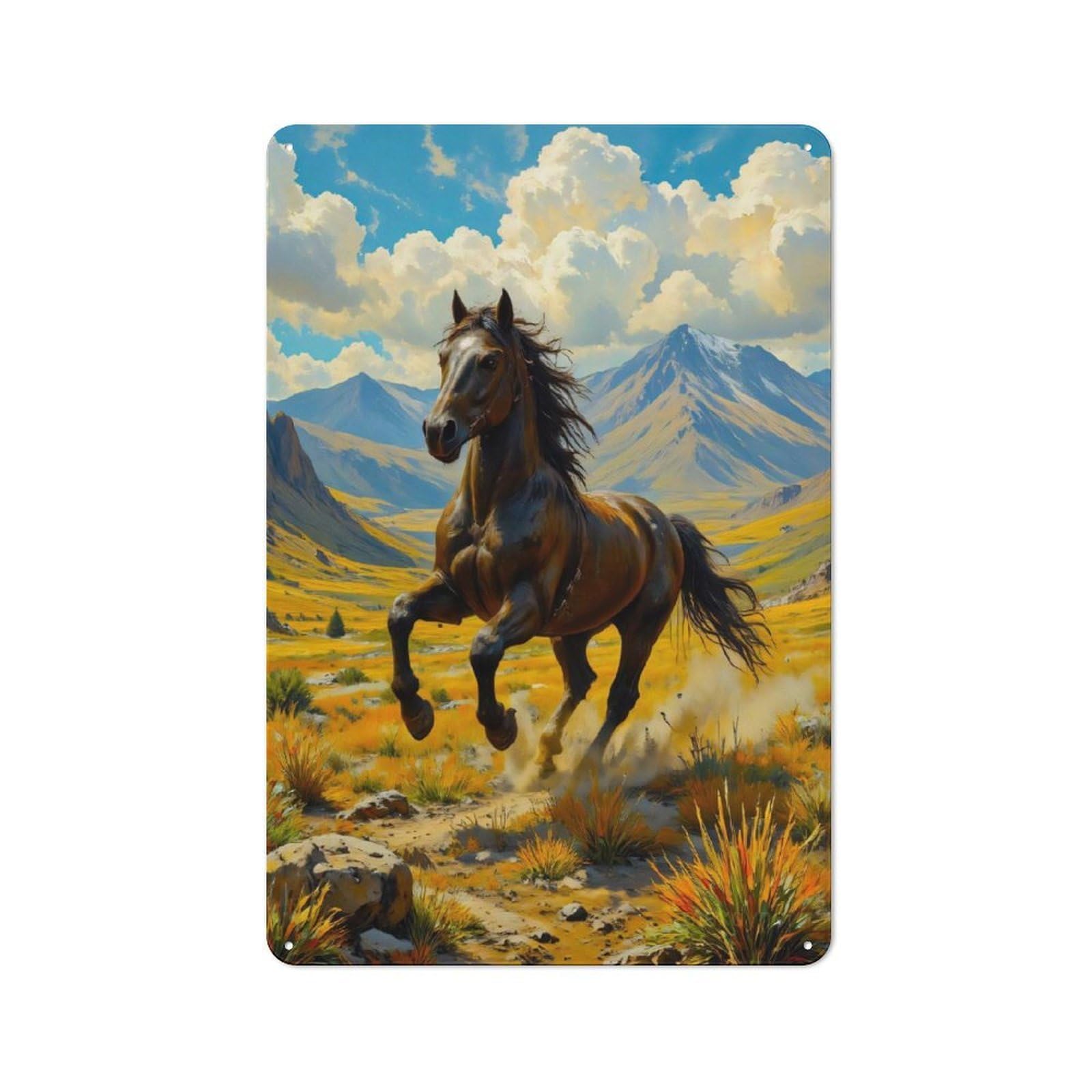 Junmoney Galloping Horse In Mountain Landscape Metal Wall Sign 30X20cm Featuring For Café Or Restaurant, For Vintage Wall Decor Fans, For Metal Sign Collectors
