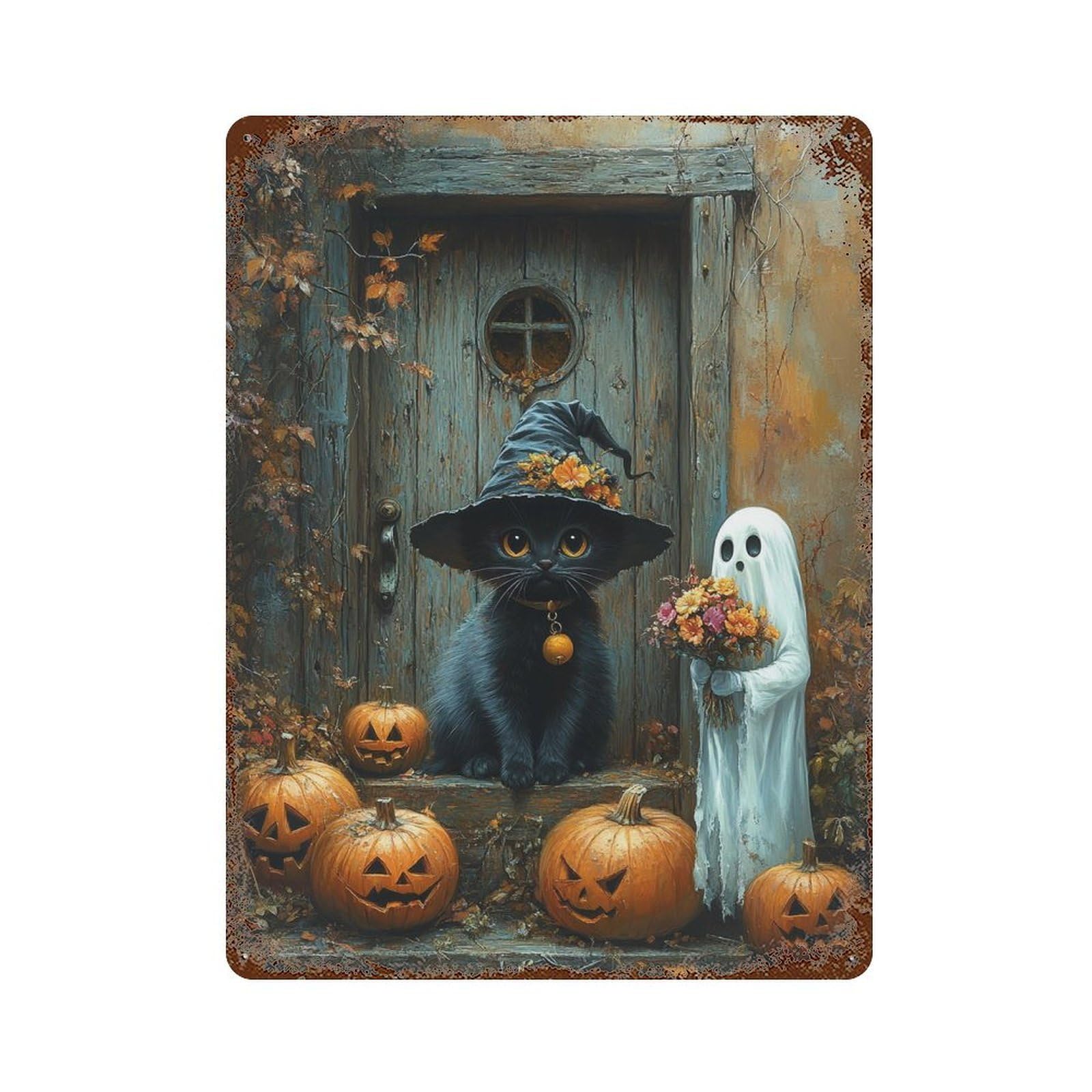 Rust Effect Halloween Black Cat Ghost Pumpkins Decorative Tin Sign 15.7"x11.8", Classic Wall Plaque for Pub, Kitchen And Man Cave Decor