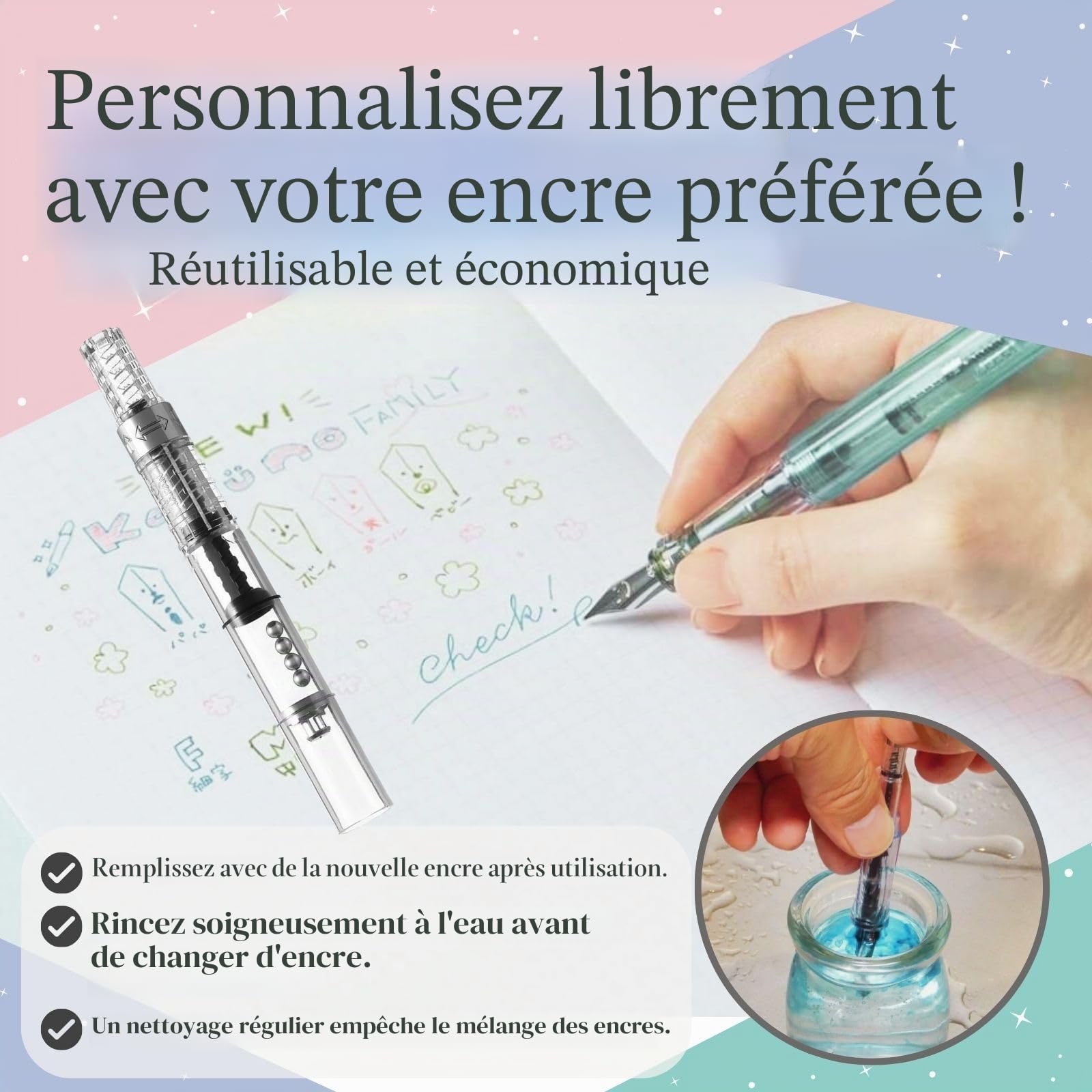 Ensemble de stylo plume Someie CON-40 avec convertisseur & pointe fine Kakuno rose (FKA-1SR-KGP-F) avec cartouche d'encre noire & notes autocollantes – Système d'encre rechargeable, pour débutants