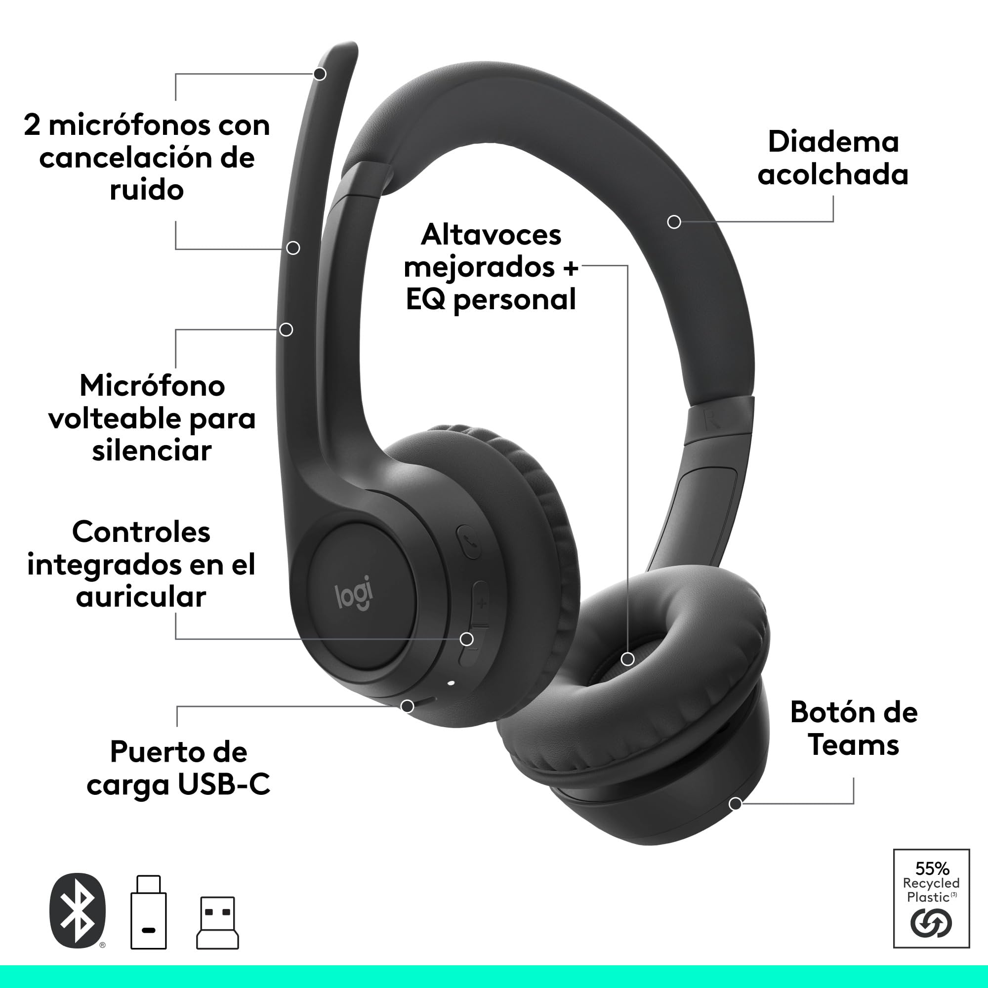 Logitech Zone 305 for Business, Auriculares inalámbricos Bluetooth | Micrófono Microsoft Teams, Windows/Mac/Chrome/Linux/iOS/iPadOS/Android - Negro