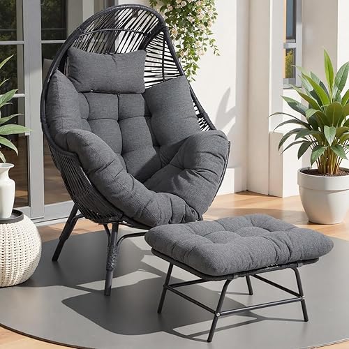 IRONCK Wicker Outdoor Egg Chair with Ottoman, Patio Lounge Chair with Footrest, Thickened Padded Cushion and Headrest, Egg Seat for Patio, Living Room, Garden, Balcony, Dark Gray