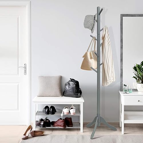 Miniatura 11 de Tangkula Perchero de madera para árbol independiente, soporte de entrada con 8 ganchos, altura ajustable, perchero para el hogar, oficina, pasillo,