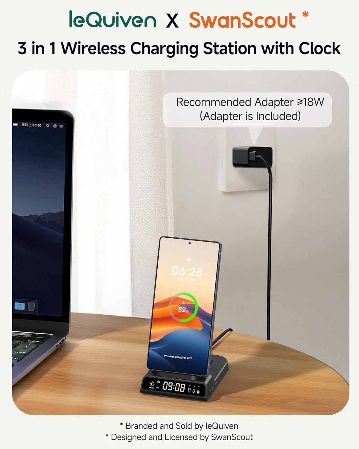 A leQuiven wireless charging station connected to a wall adapter and placed on a desk next to a laptop, with a smartphone charging on it.