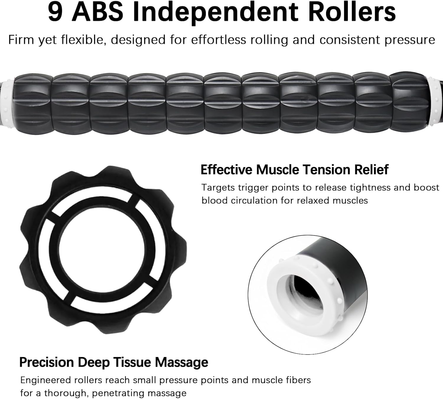 Muscle Roller Massage Roller Stick- Deep Tissue Fascia Blaster for Myofascial Pain Relief, Lymphatic Drainage & Body Sculpting, Handheld Physical Therapy & Recovery Tool (White black-18 inch) - Image 3
