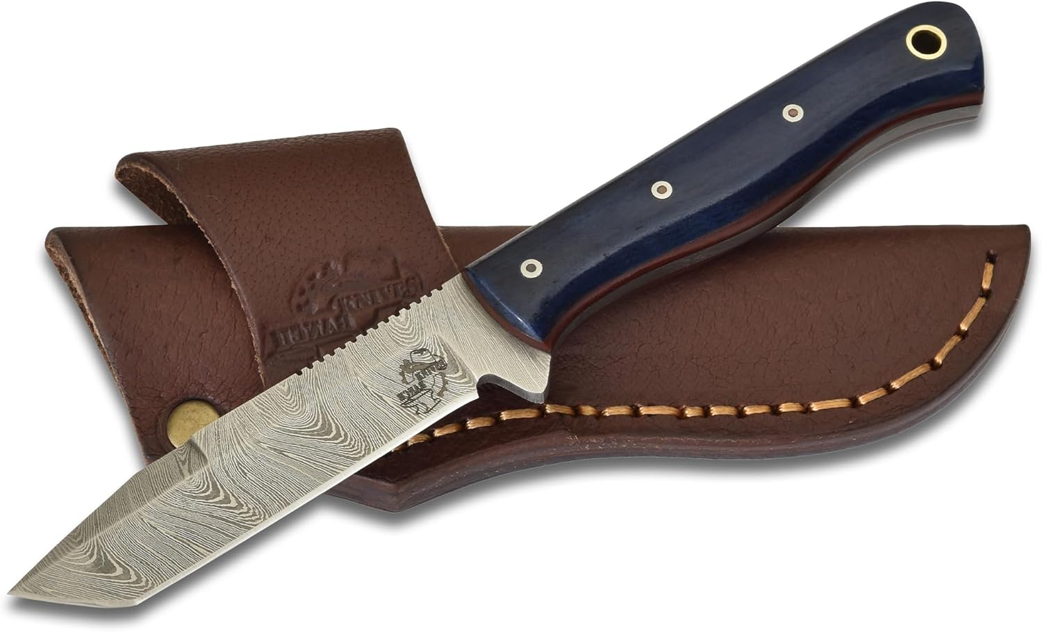 Knives Ranch Handmade 7 inch EDC Tanto Knife - Full Tang Damascus Steel Blade - Compact Everyday Ranch Utility Knife - Blue Handle - Genuine Leather Sheath - Horizontal Belt Carry (Snug Fit)