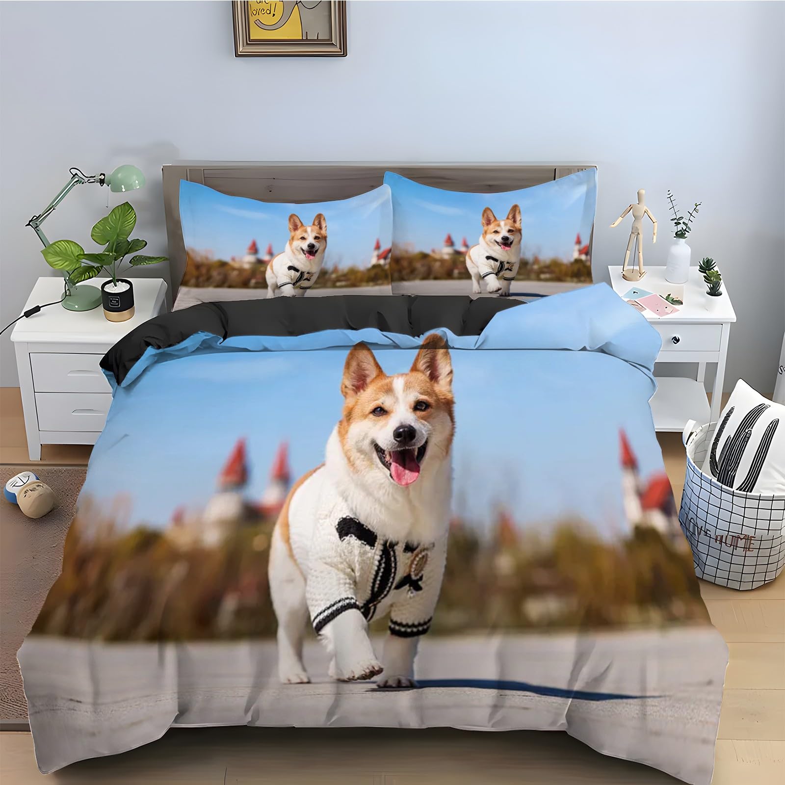 Parure de lit Corgi 200x200 ensemble de literie 3 pièces en microfibre douce avec zip