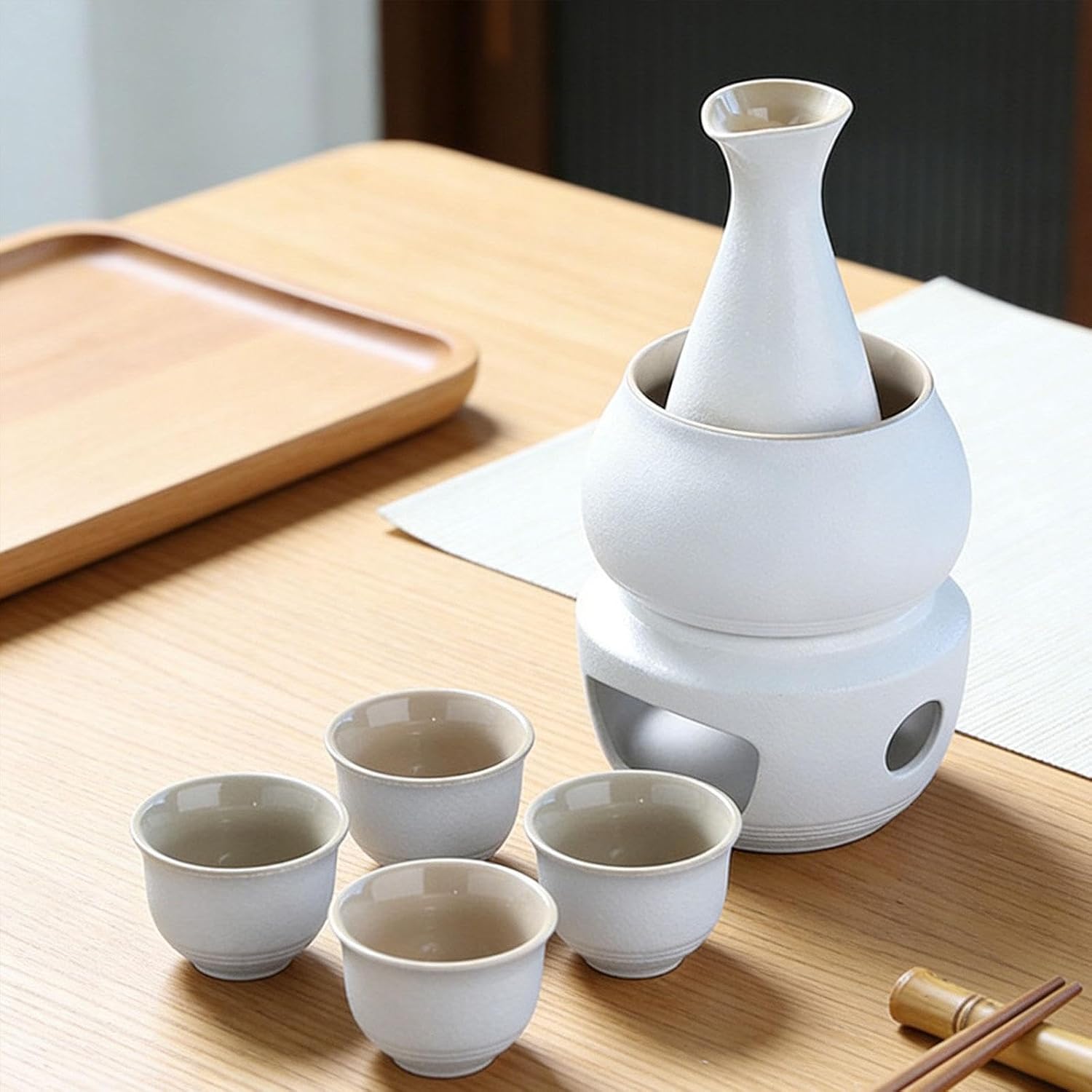 Sake Set with Warming Pot, Set for Social Evenings, Gift Idea for Spirits, White