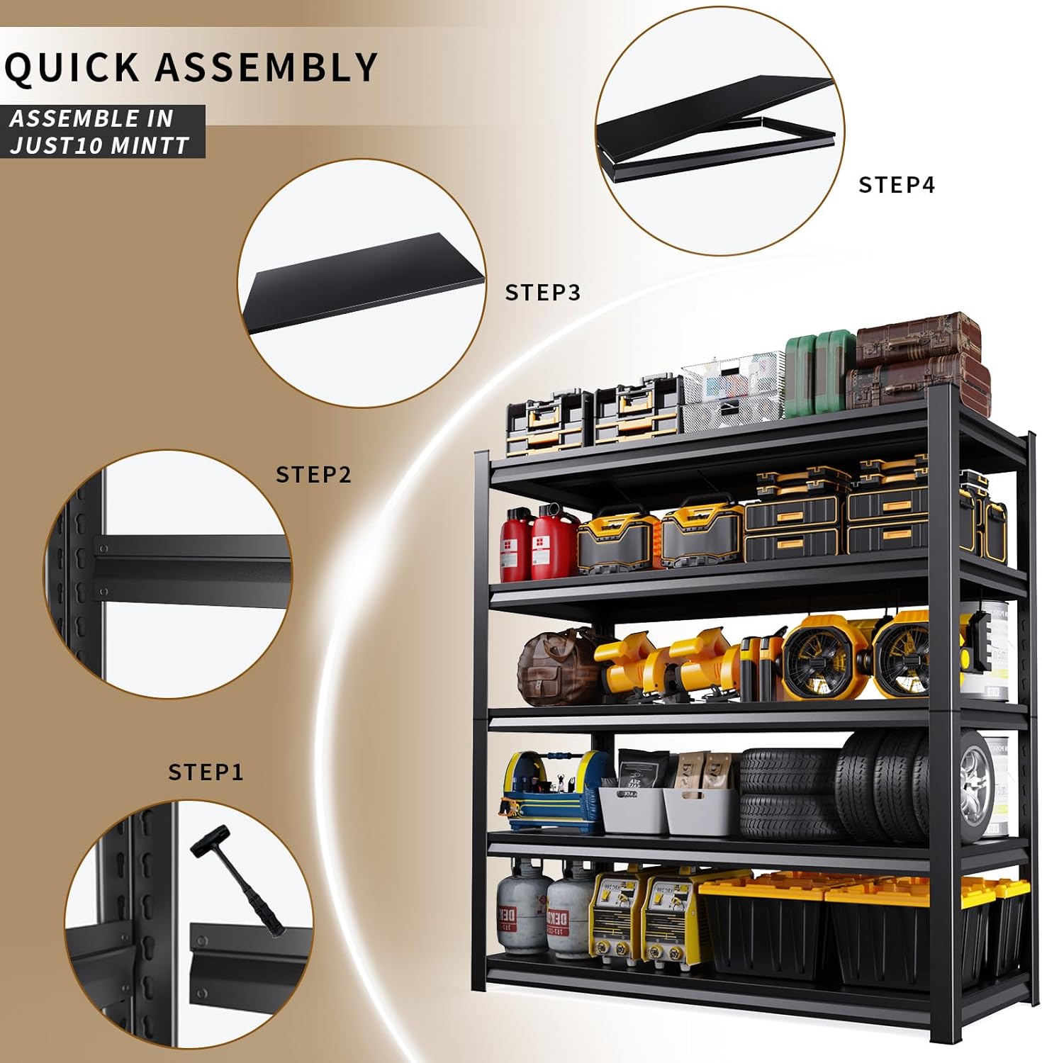 72" H Garage Shelving Heavy Duty 5-Tier Storage Shelves, 2500 lbs Adjustable Metal Shelving Unit, Utility Storage Rack Shelf for Garage, Basement, Pantry, Black (72 "H x 36" W x 16" D)