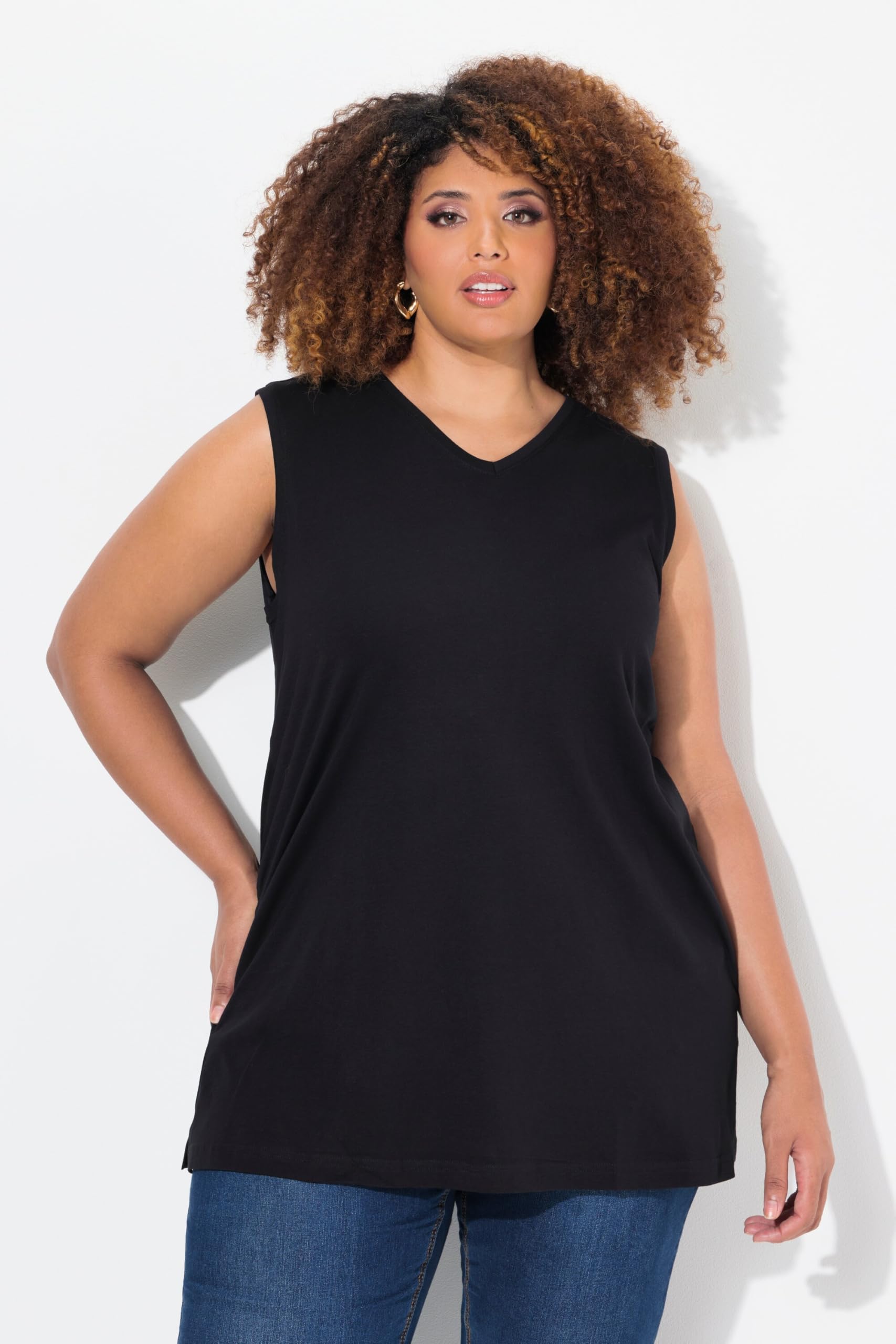 Ulla Popken Damski duży rozmiar, plus size, top basic, tank top, dekolt w serek, luźny krój