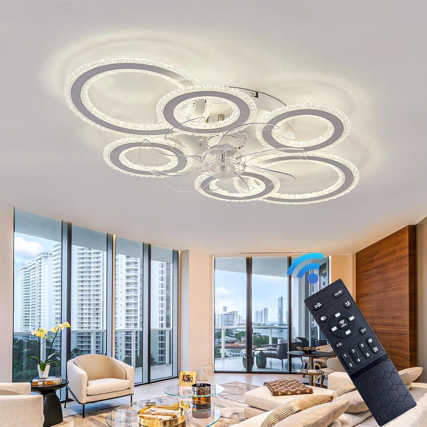 HXYSXHJUO Ceiling fan light LED CNC Light Large Reversible Silent 6-Speed Dimmable with Timer for Living Room (White)